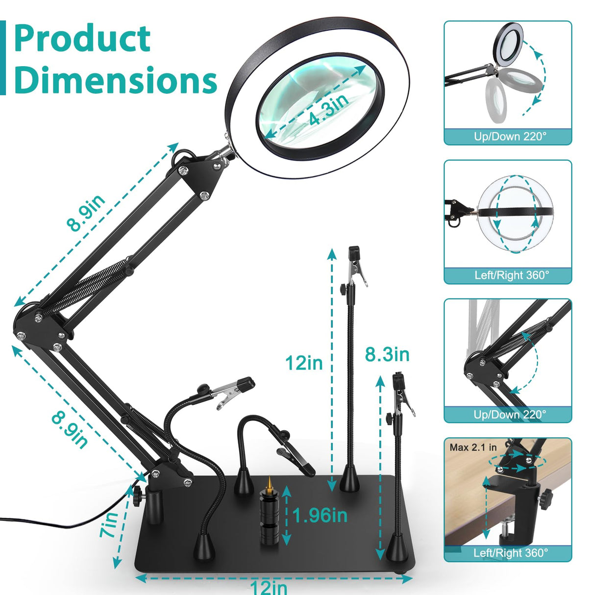 MagnieOpti Helping Hands Soldering Station, 10X Magnifying Glass with Light and Stand with 4 Magnetic Third Hand & 4 PCB Circuit Board Holders, Hands Free Magnifier Desk Lamp for Soldering Repairing MagnieOpti