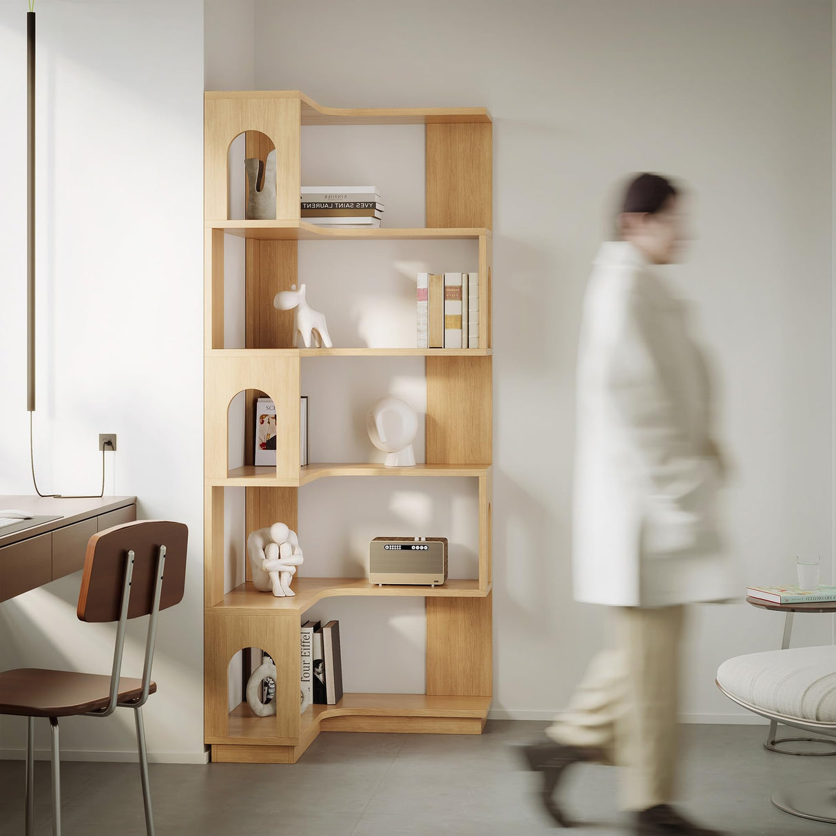 LIKEMET 6 Tier Corner Bookshelf, Tall L Shaped Bookcase, 68.5 Inches Wooden Corner Bookshelves with Arched Design, Freestanding Roomy Display Shelf Stand for Home Office LIKEMET