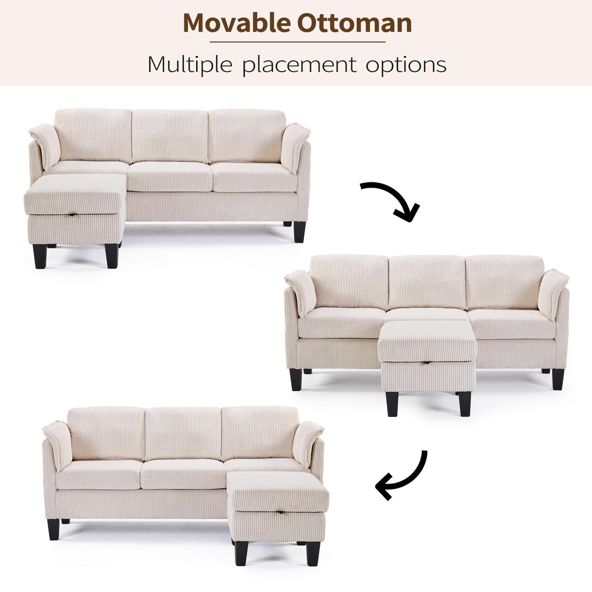 HAOMARKETS Modern Convertible L Shaped Sofa with Storage Ottoman,3-Seater Corduroy Fabric Couch with Reversible Chaise Lounge, Sectional Couches for Small Spaces, Living Room, Apartment, Beige HAOMARKETS