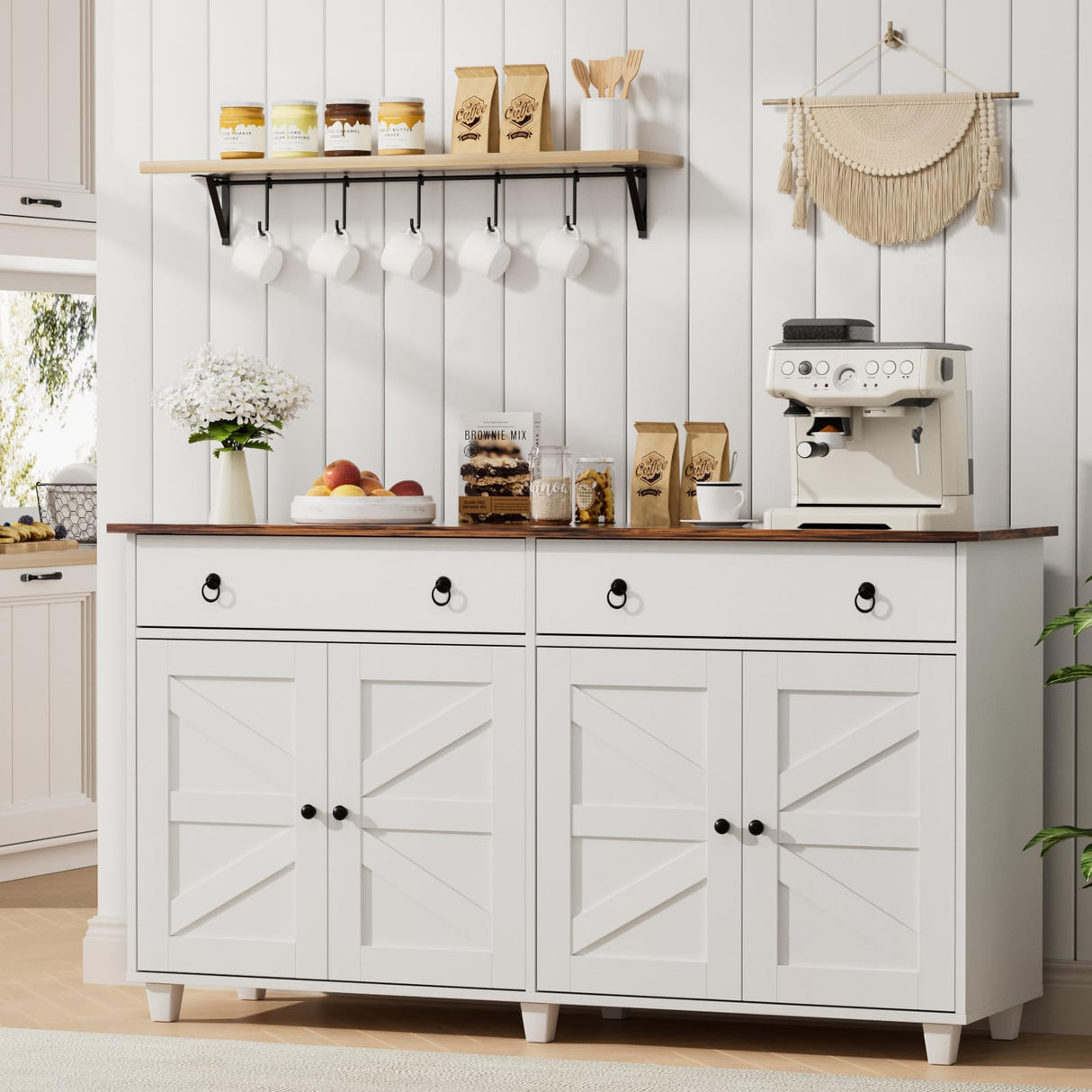 SYESWAY Buffet Cabinet with Storage, 55”Large Coffee Bar Cabinet with 2 Drawers and 4 Barn Doors, Adjustable Shelf, Modern Farmhouse Sideboard Buffet for Kitchen, Living Room, White SYESWAY