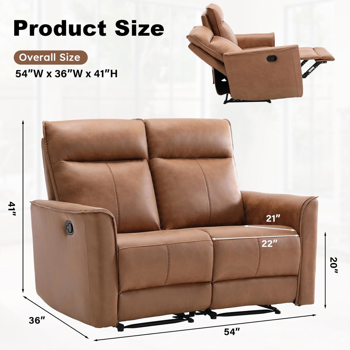 Manual Loveseat Recliner Sofa, Wall-Hugger 2 Seat Reclining Love Seat Couches, Leathaire Reclining Sofa Set, Double Seater Recliner Chair for Living Room, Office, Apartment, Brown CANMOV
