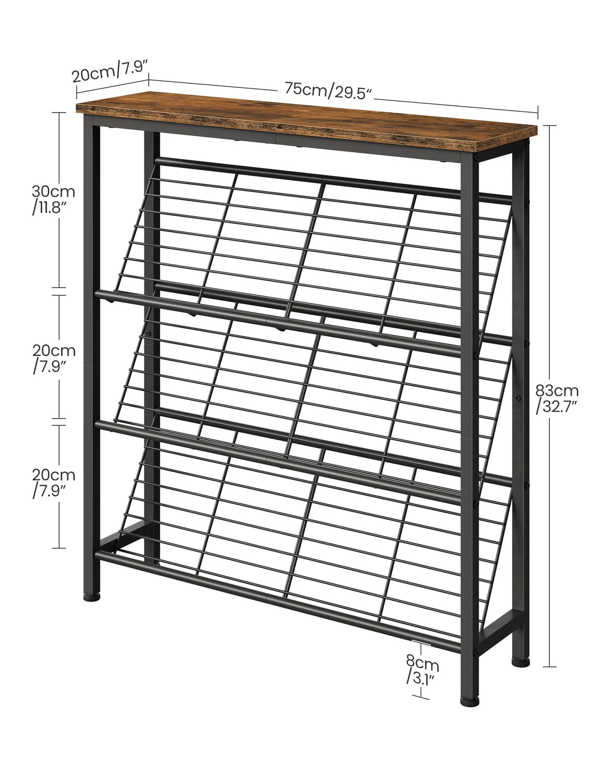 CHOEZON Shoe Rack, 4-Tier Narrow Shoe Storage Shelf, Slim Shoe Rack with Wooden Top and Metal Shelves, Slanted Shoe Organizer, Industrial Style, for Entryway, Hallway, Rustic Brown and Black TXJ76BF CHOEZON