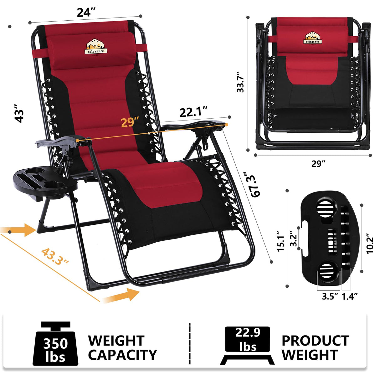 Colegence Oversized Padded Zero Gravity Lounge Chair, Foldable Patio Anti Gravity Reclining Chairs Folding Lawn Recliner with Cup Holder for Yard, Camping, Outdoor, Support 350 LBS, Burgundy Colegence