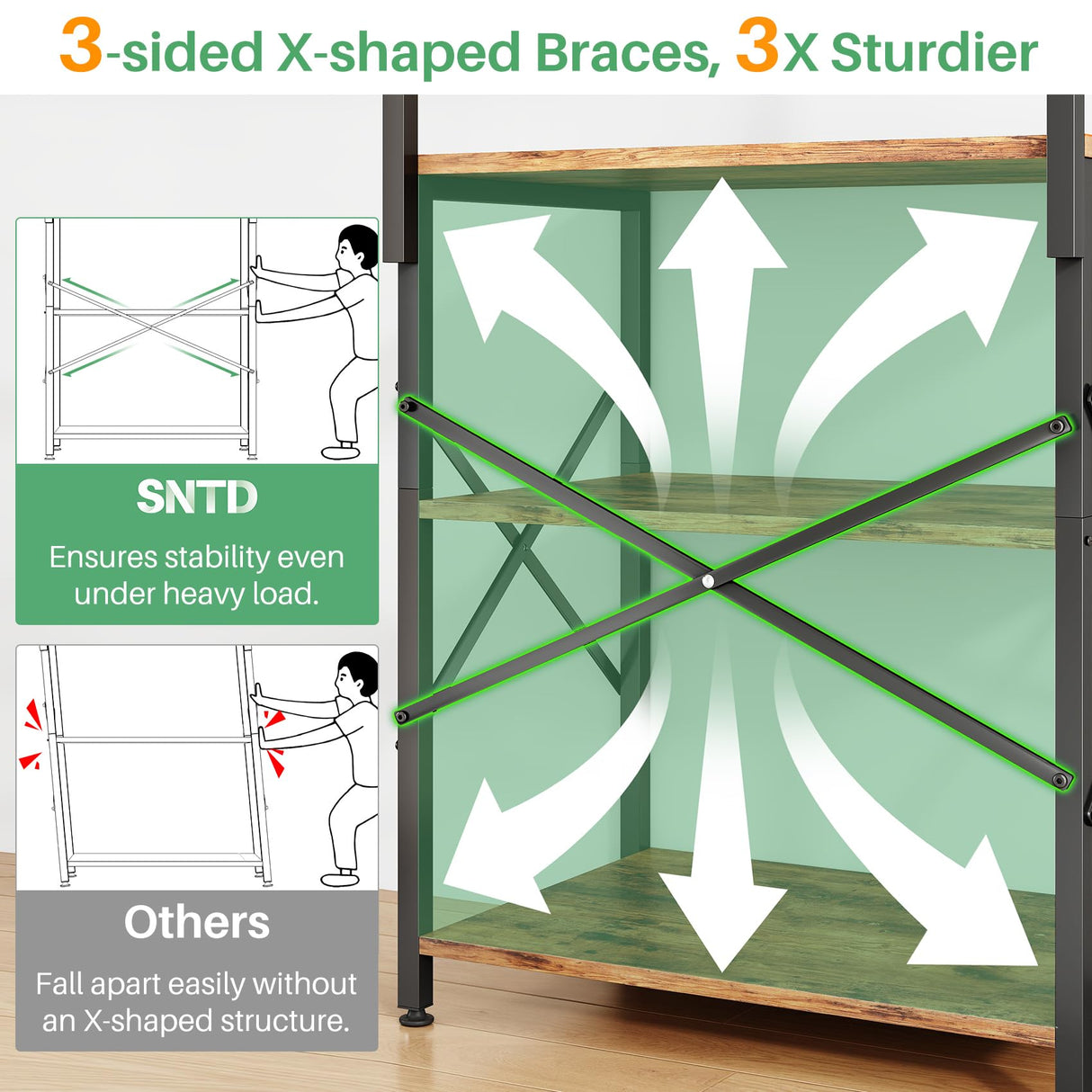 Bakers Rack with Power Outlet, Kitchen Shelves Microwave Stand with Wire Grid and 10 Hooks, 4 Tiers Coffee Stand (Rustic Brown, 23.5 x 15.6 x 52.8 Inches) SNTD