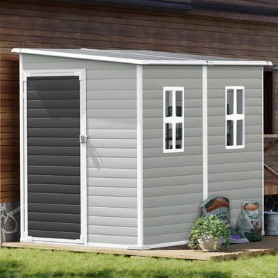 SELLERWE 8x4x6 FT Resin Lean to Shed, Waterproof Outdoor Storage Shed with Floor, Window, Lockable Door & 2 Windows, Tool Shed for Patio Garden, Lawn, Backyard, Dove Grey