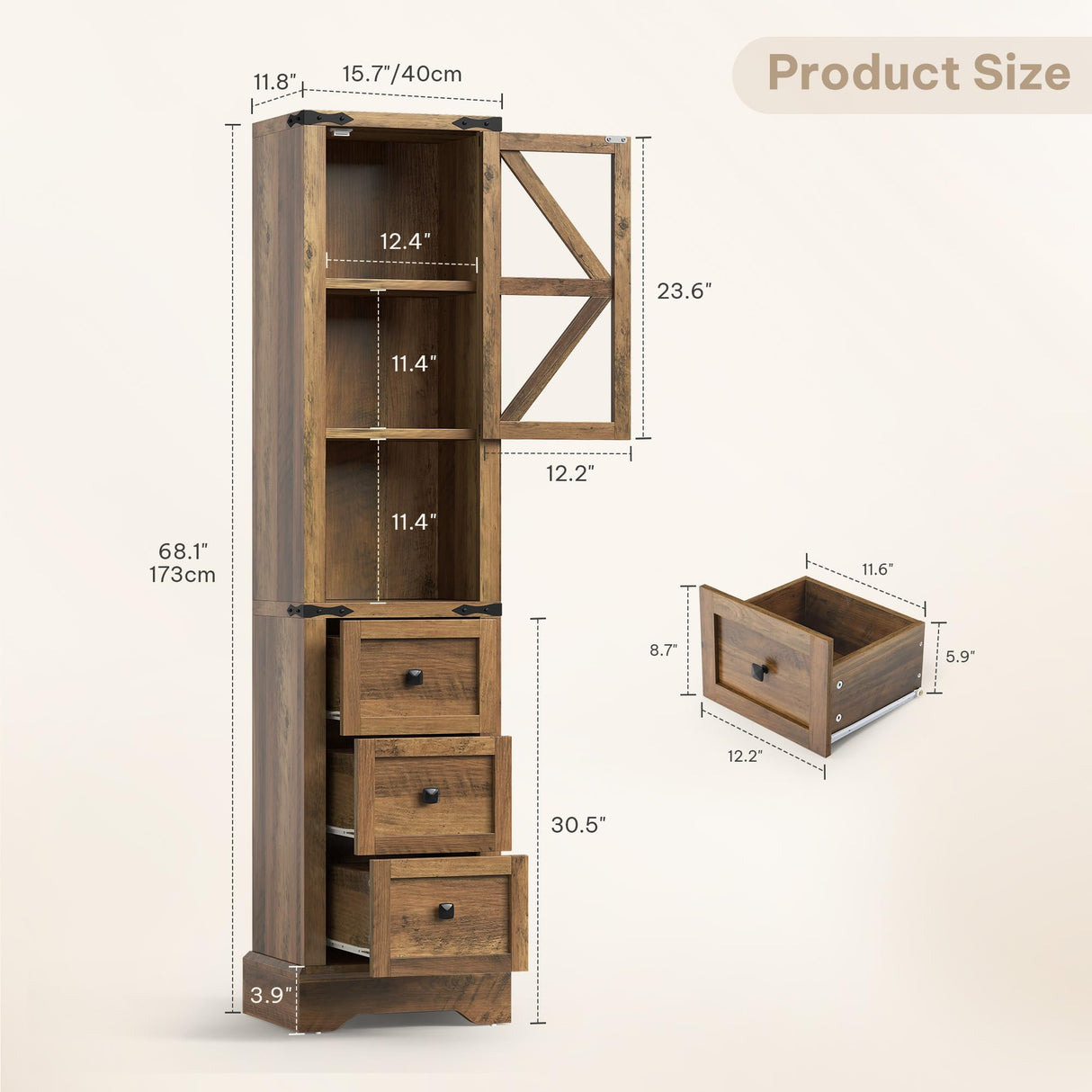 DWVO Tall Bathroom Storage Cabinet, 68" Farmhouse Storage Cabinet with Adjustable Shelves & Storage Drawers, Floor Storage Cabinet for Bathroom, Living Room, Antique Brown DWVO