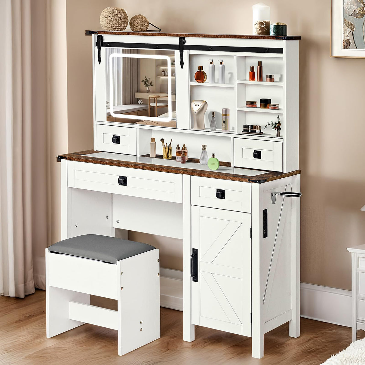 Redlife Farmhouse Vanity Desk with Mirror and Lights, 46" Vanity Set with Stool & Charging Station & Jewelry Cabinet - Makeup Vanity Desk with Glass Tabletop, 4 Drawers, Antique White Redlifeᅟᅠ