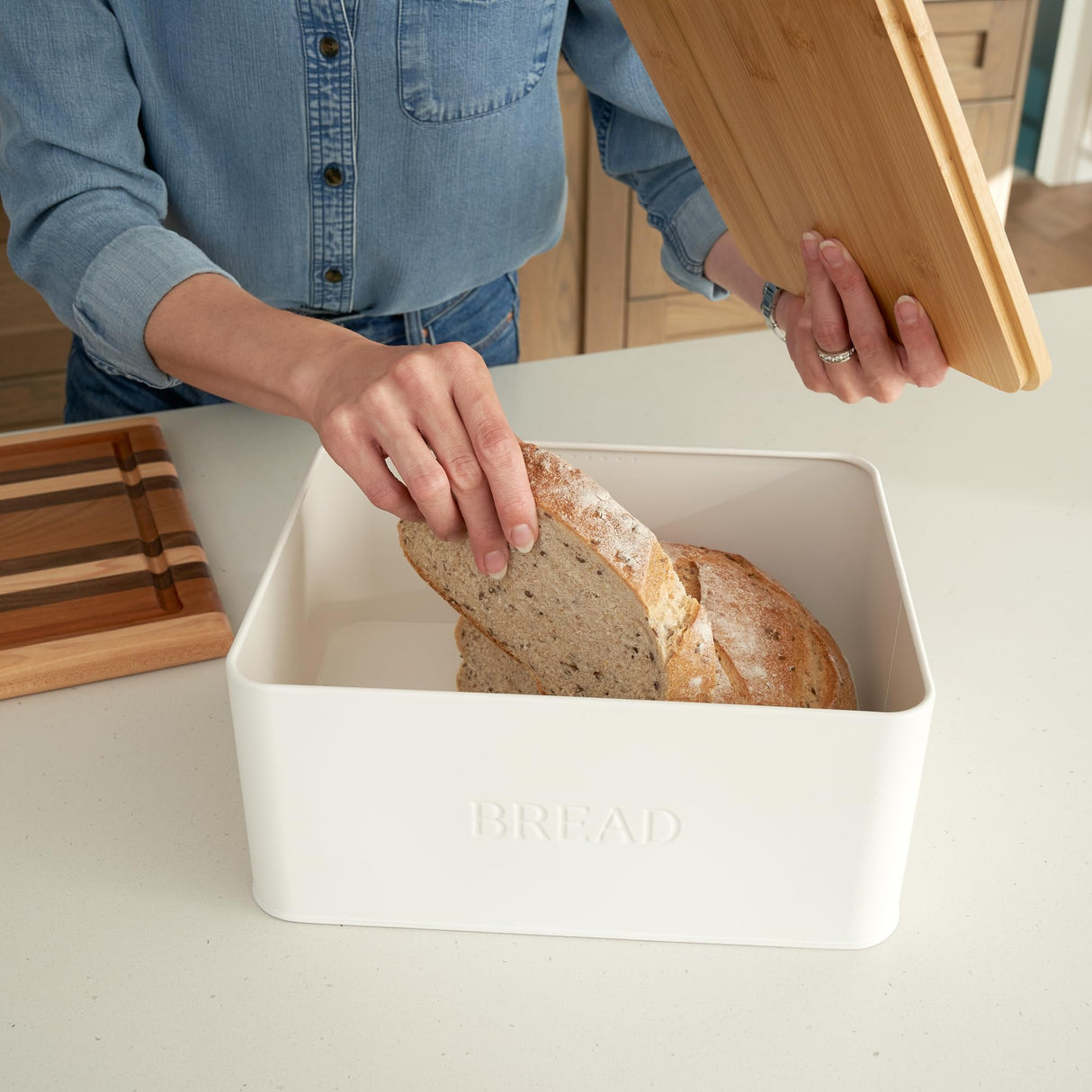Beautiful Bread Box With Wooden Lid For Your Kitchen Countertop - Spacious Container Perfectly Stores Your Homemade Bread, English Muffins & Bagels - Quality Cutting Board Lid Keeps Your Bread Fresh ZICOTO
