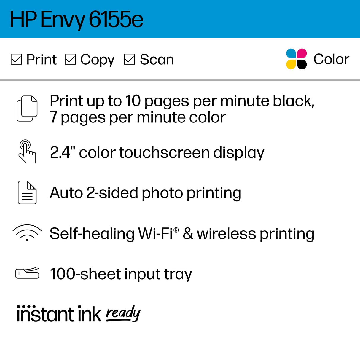 HP Envy 6155e Wireless All-in-One Color Inkjet Printer, Print, scan, Copy, Duplex Printing Best-for-Home, 3 Months of Instant Ink Included (714L5A) HP