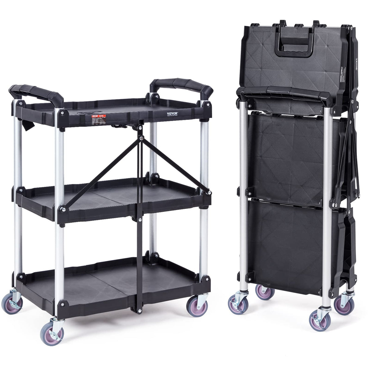 VEVOR Foldable Utility Service Cart, 3 Shelf 165LBS Heavy Duty Plastic Rolling Cart with 360° Swivel Wheels (2 with Brakes), Ergonomic Handle, VEVOR