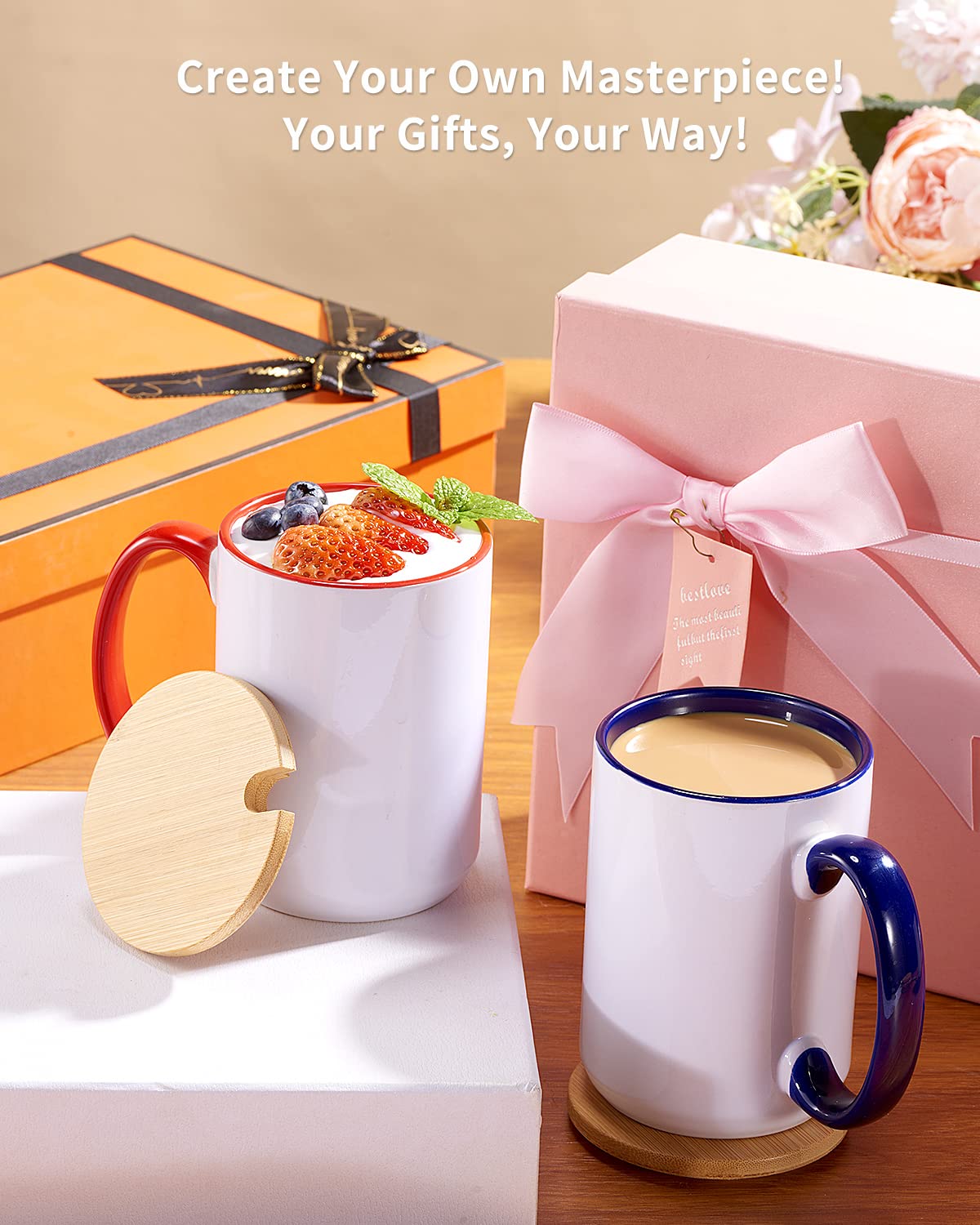 RAINBOWTIE Sublimation Mugs Set of 12, 15 oz Sublimation Mugs Blank with Bamboo Lid, Sublimation Coffee Mugs, Tazas Para Sublimacion, Mug Sets, Coffee Cup with Lid,6 Assorted Colors RAINBOWTIE