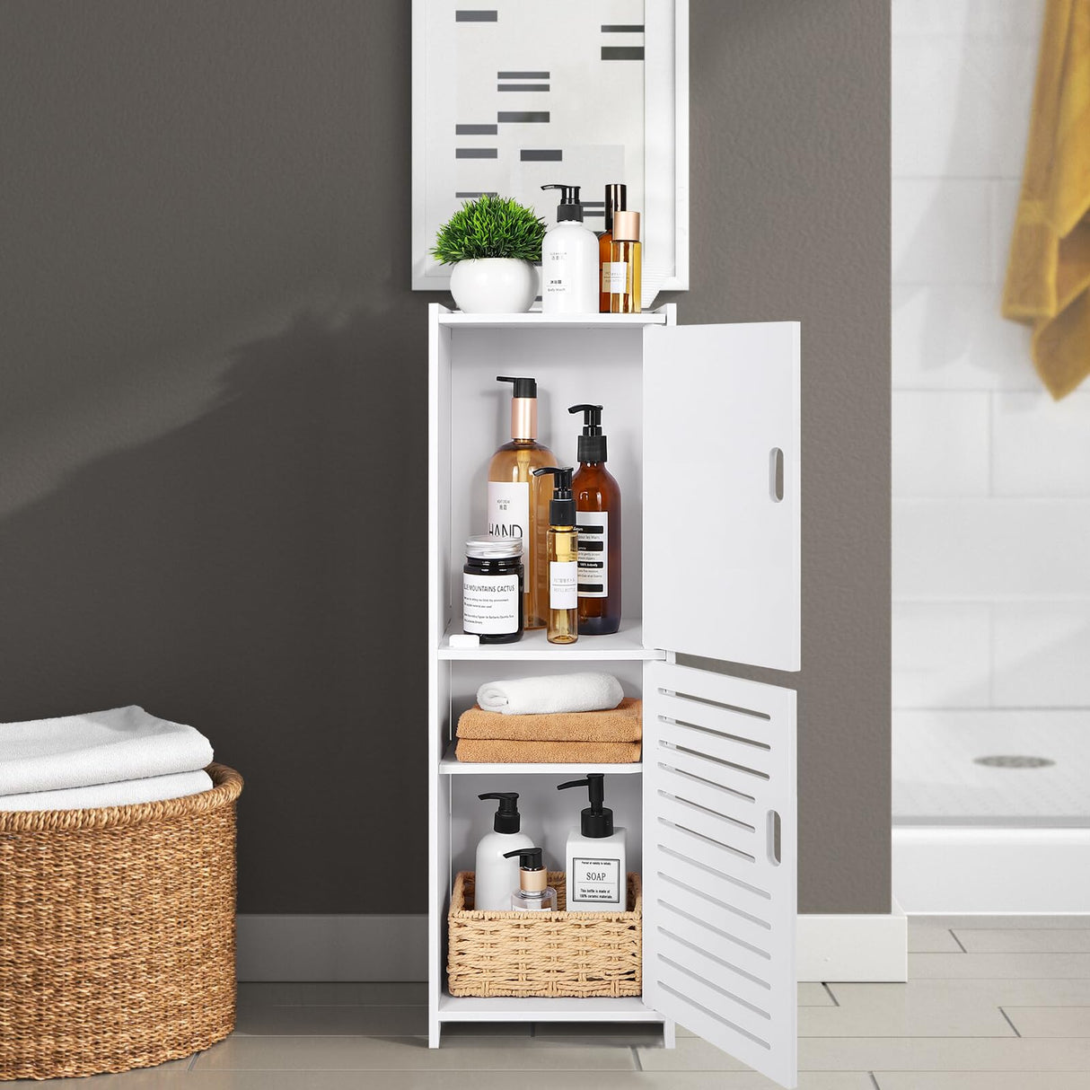 YARUKIMA Bathroom Floor Storage Cabinet,Side Storage Organizer,Bathroom Unit with Door and Shelves,Freestanding Cabinet for Hallway/Living Room, White YARUKIMA