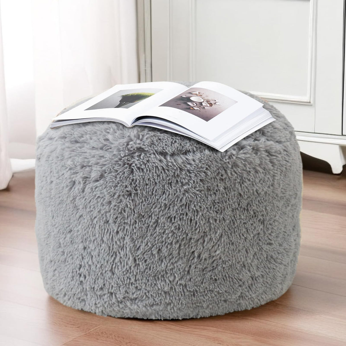 HIGOGOGO Round Stuffed Pouf Ottoman, Long Faux Fur Poufs with Foam Chunk Filling, Fluffy and Furry Pouf Foot Stool Storage Ottoman, 20 X 15 Floor Poufs Foot Rest for Living Room, Grey HIGOGOGO