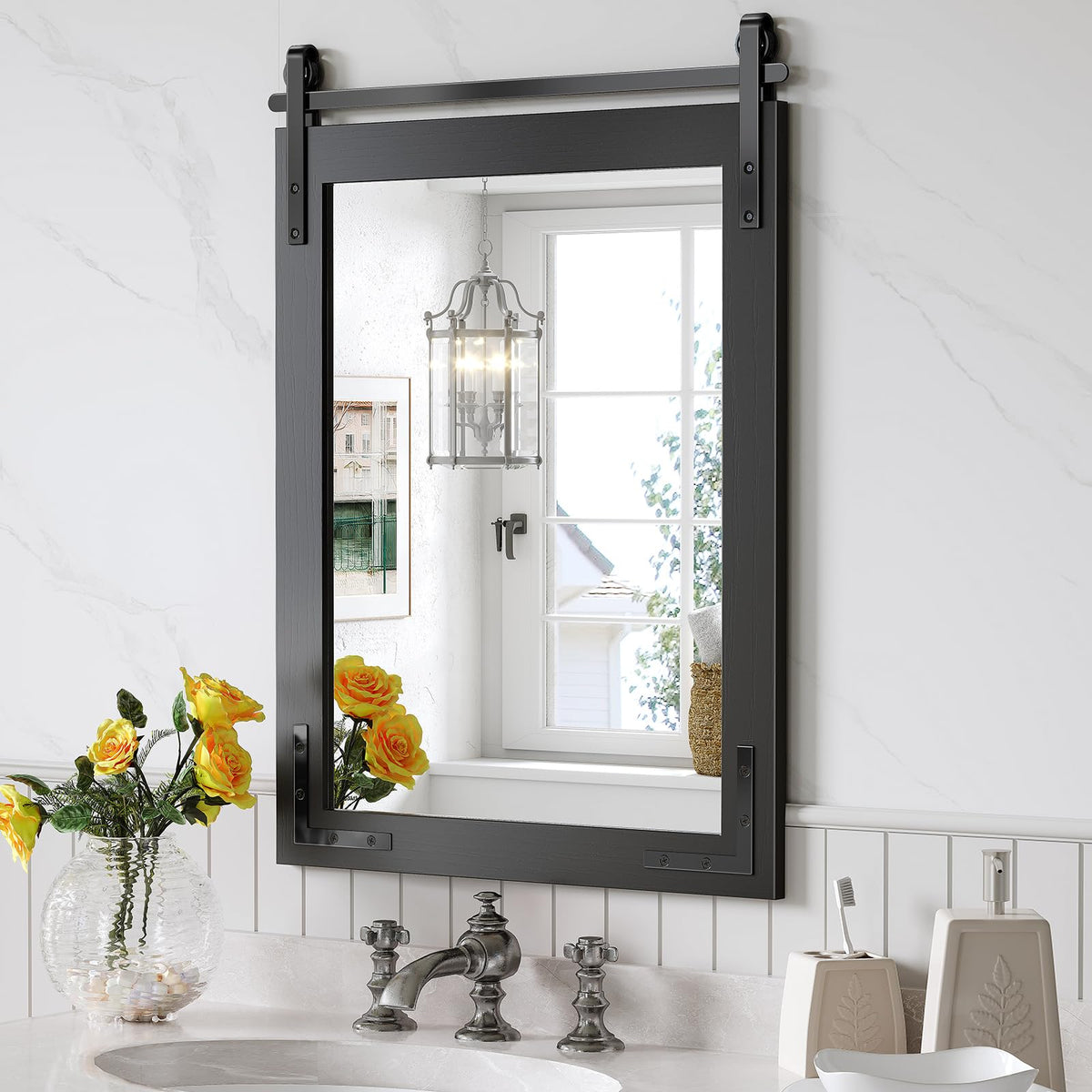 Mestikits Farmhouse Bathroom Vanity Mirror, 22"x30" Black Farmhouse Mirror with Rustic Wood Framed, Rectangle Wall Decorative Mirrors for Entryway, Living Room, Bedroom Mestikits
