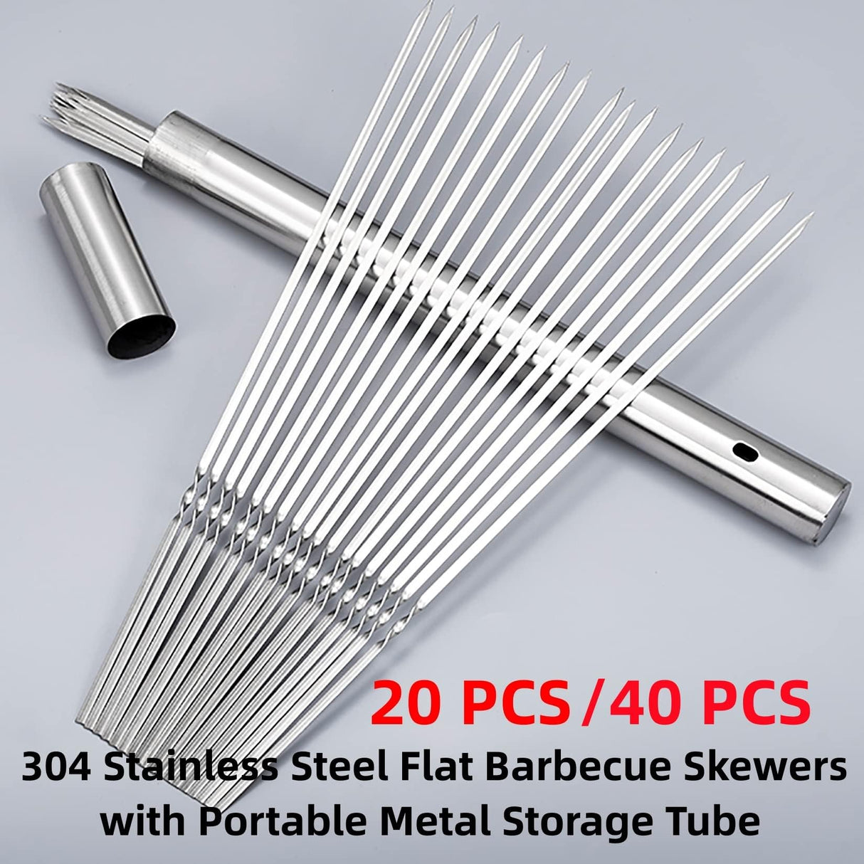 WILLBBQ 304 Stainless Steel 13.2" Long Flat Barbecue Skewers,20PCS/40PCS BBQ Kebab Skewers with Portable Metal Storage Tube,Reusable for Grilling Barbecue Kitchen Party and Outdoor Cooking (40PCS) WILLBBQ