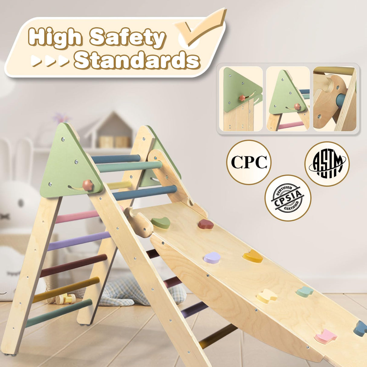 LOL-FUN 4 in 1 Pikler Triangle Set Climber with Ramp & Slide, Large Size Wooden Foldable Toddler Climbing Toys Indoor, Montessori Climbing Toys for Toddlers 1-3 Inside LOL-FUN