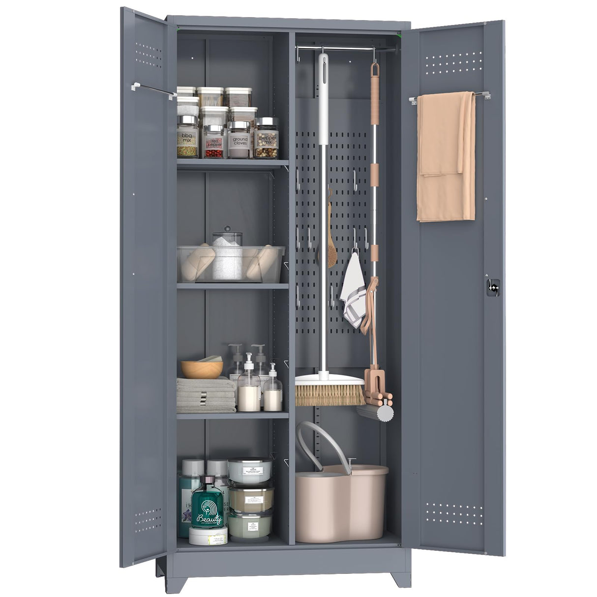 NICEGDLT Broom Closet, Broom Closet Storage Cabinets with Lock, 65" Metal Garage Organization Cabinet, Cleaning Supply Utility Storage Cabinet with Pegboard & Shelves for Laundry Room,Workshop NICEGDLT