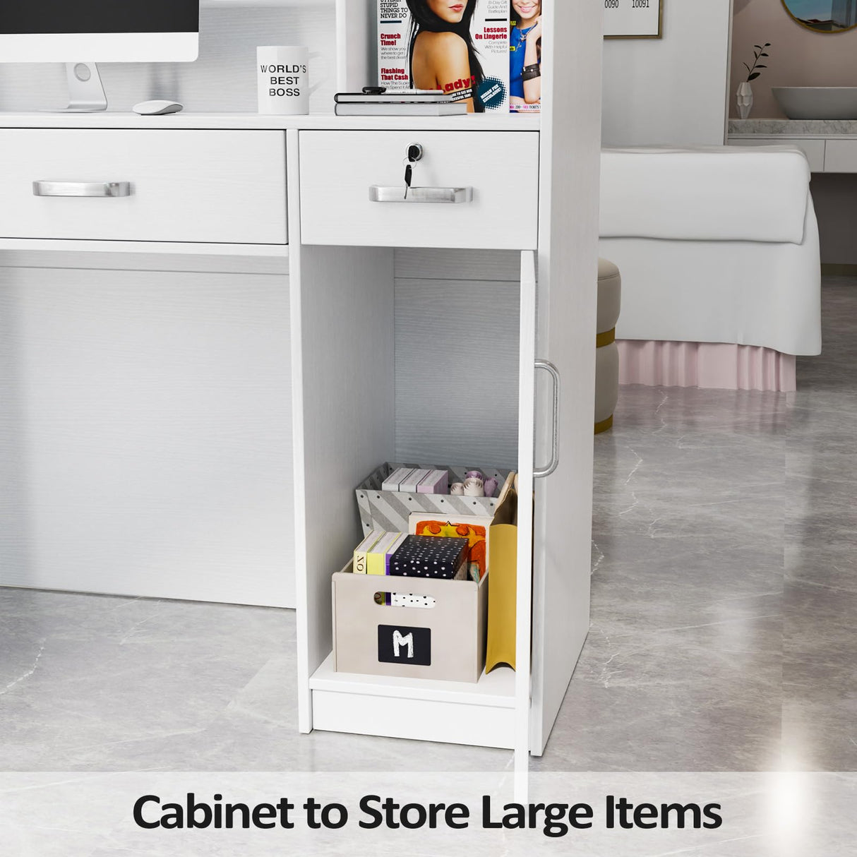 LEADZM H-Shaped Reception Desk with Counter, Front Desk with Lockable Drawers & Adjustable Shelf, Retail Checkout Counter for Beauty Salon Office (White) LEADZM