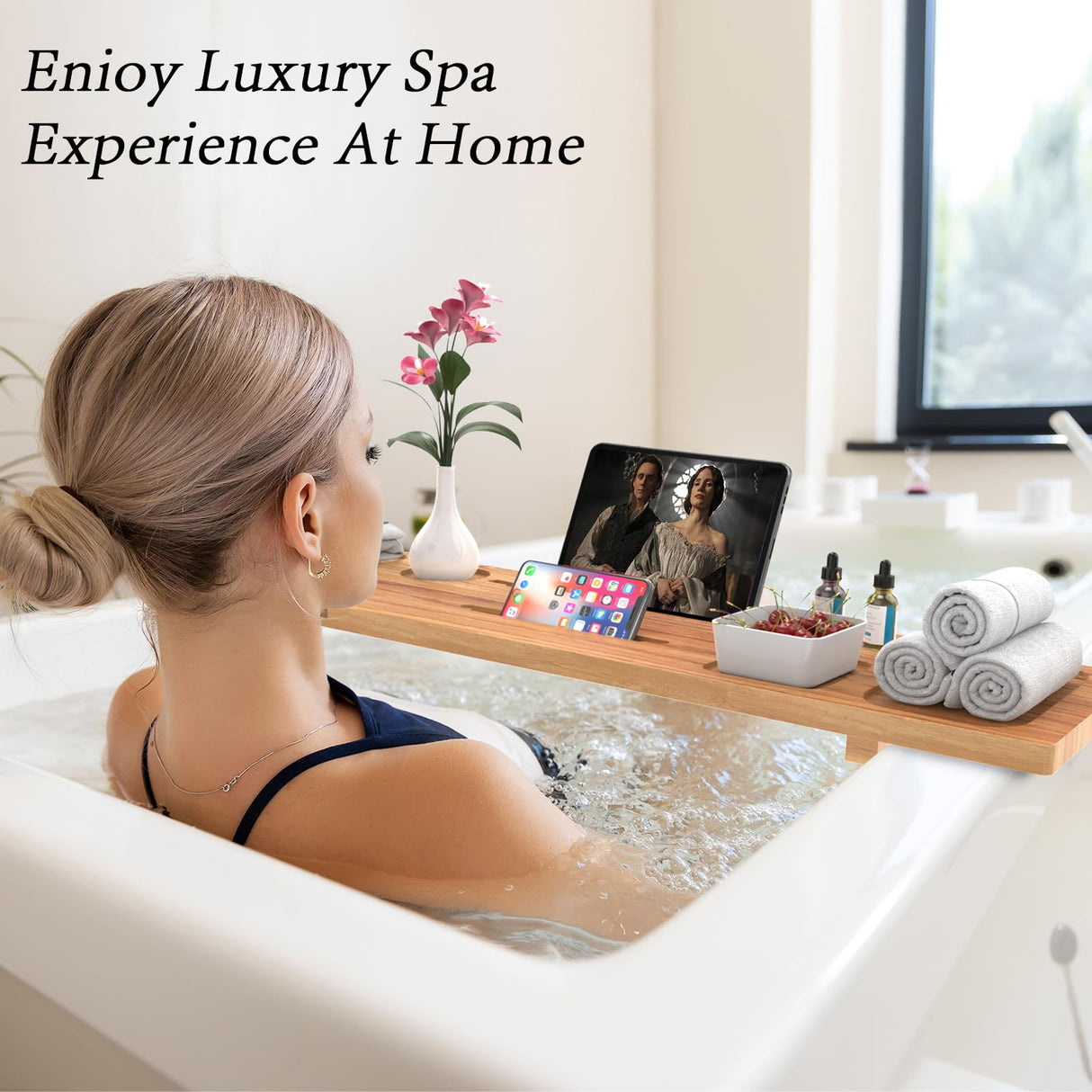 MUNNAR Pine Wood Bathtub Tray, Large Solid Wood Bath Tray, Luxury Anti-Tip Bath Caddy with Adjustable Legs, 35x9 Bath Tray for Tub, Bath Table Tray, Fits for 23"-32.5" Tub, Ideal Gift for Women MUNNAR