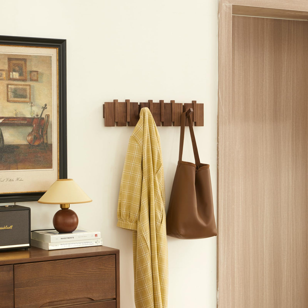 QUELLANCE Wood Coat Rack Wall Mount, Coat Hooks Hanger Wall Mounted, Heavy Duty Wall Coat Rack with 6 Hooks for Hanging Coats/Keys/Hats/Robe&Towels/Plants/Bags, Walnut QUELLANCE