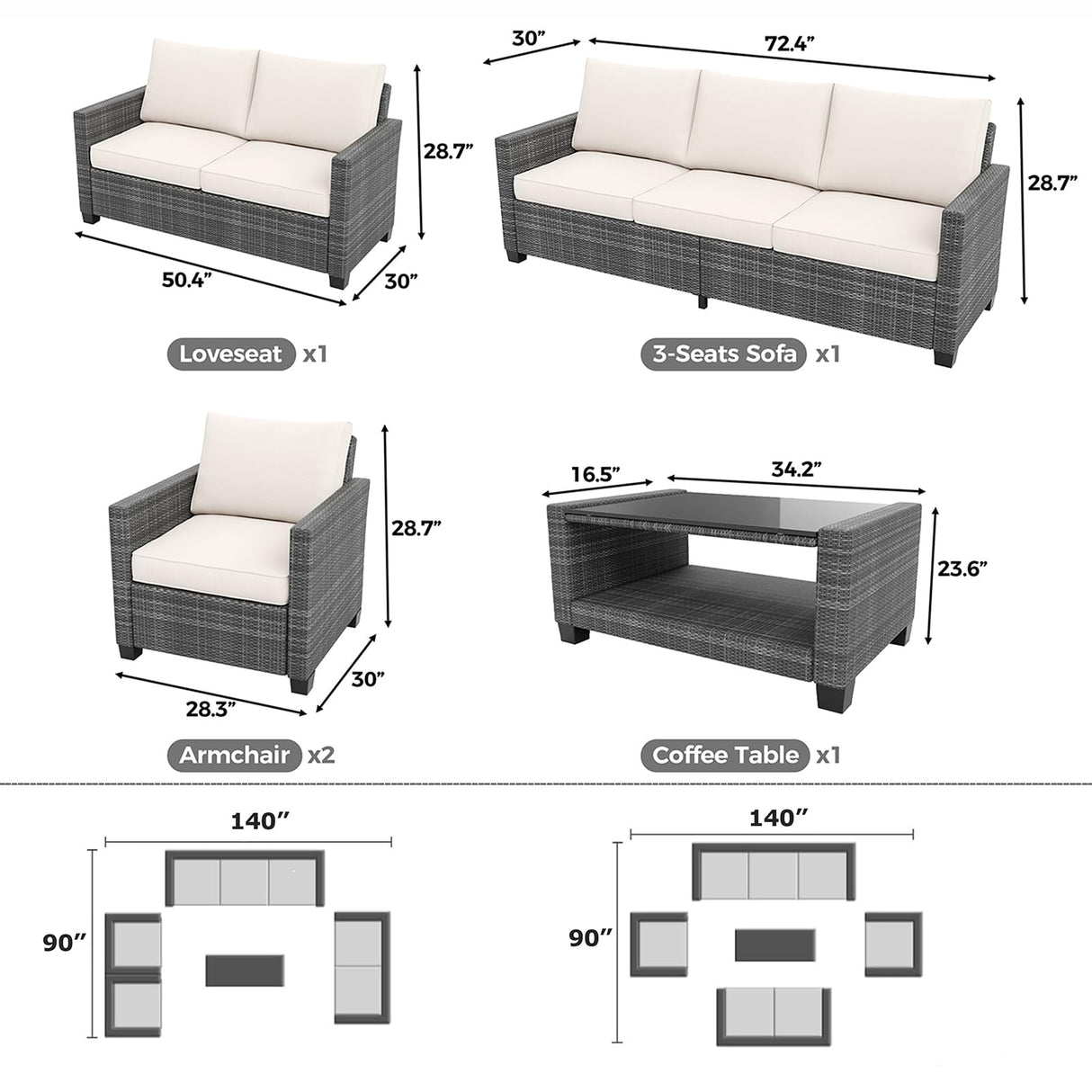 Garvee Patio Furniture Set 5 Pieces, 7-Seat PE Rattan Wicker Outdoor Sectional Patio Conversation Set with Waterproof Cusions and Coffee Table, Grey Rattan and Beige Cushion Garvee