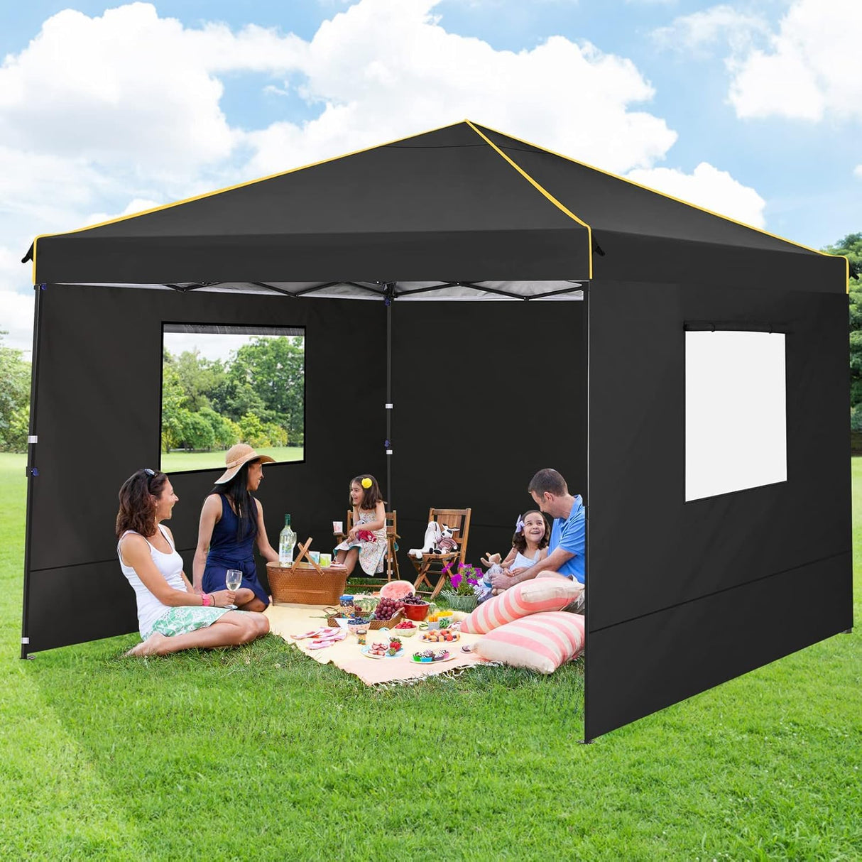 10x10 Pop Up Canopy Tent with 4 Sidewalls and Mesh Windows 2.0, Waterproof Commercial Instant Gazebo Tent Outdoor Canopy Tents for Party/Exhibition/Picnic with Carry Bag,4 Stakes & Ropes (Black) COBIZI