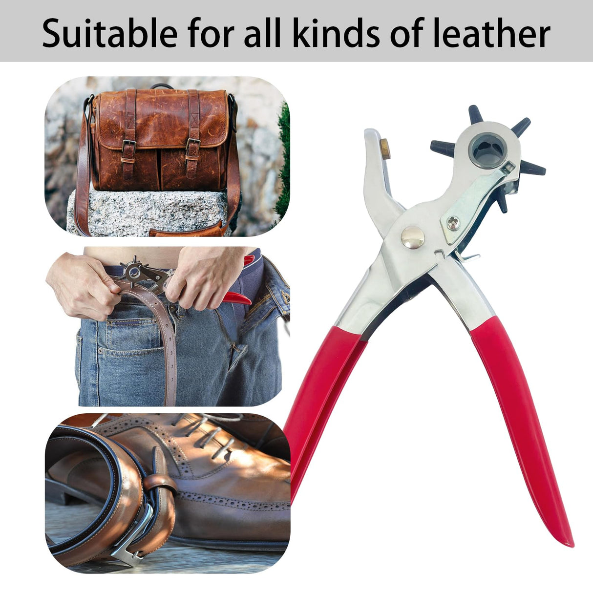 Adorox Heavy Duty Belt Hole Puncher for Leather – 6 Size Revolving Leather Hole Punch Tool with Ruler & Deburring File, Perfect for Belts, Straps, DIY Leathercraft, and Repair Adorox