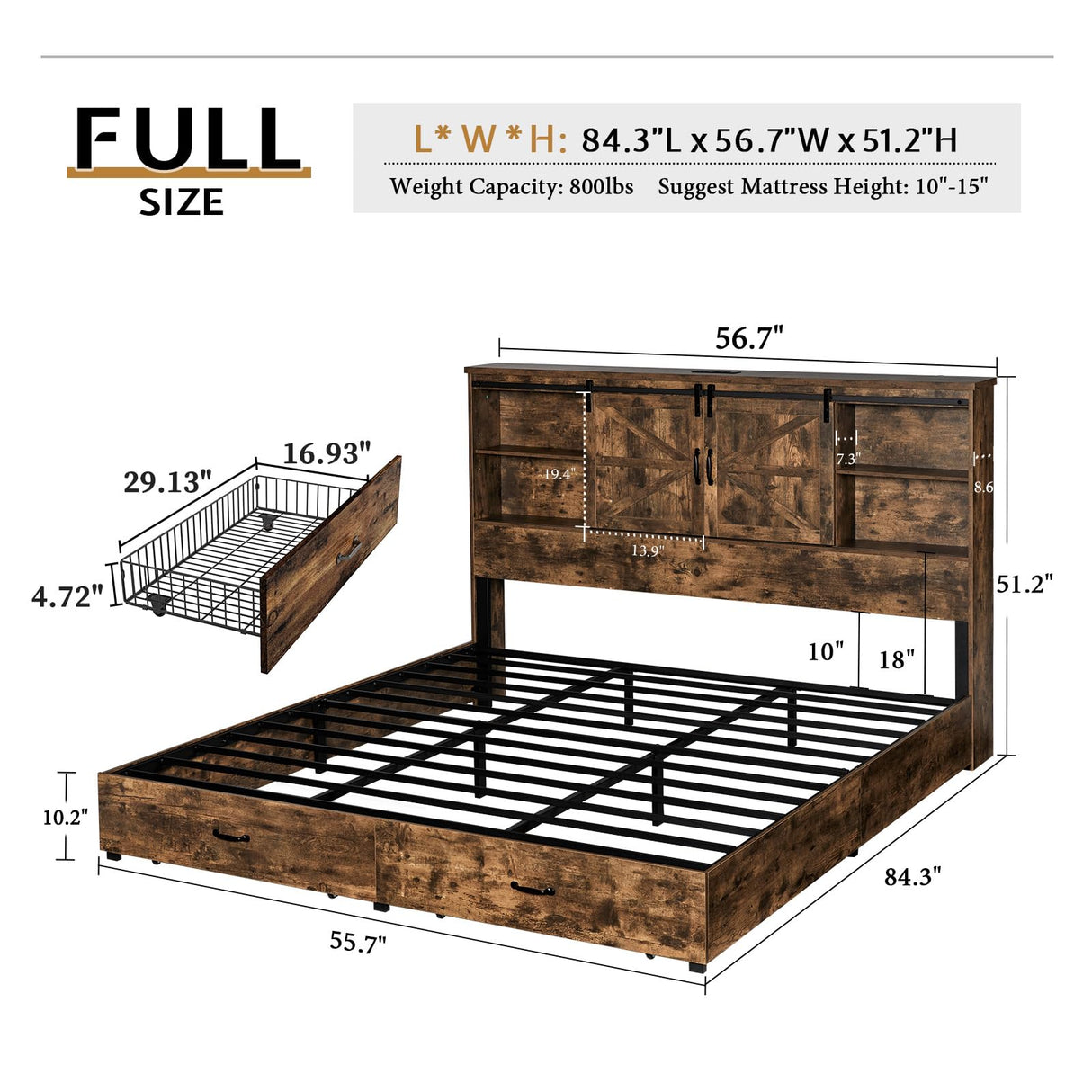 VanAcc Full Size Bed Frame, Wooden Platform Storage Bed with 51.2" Bookcase Headboard, 2 Drawers, Charging Station/No Box Spring Needed/Noise Free(Rustic Brown) VanAcc