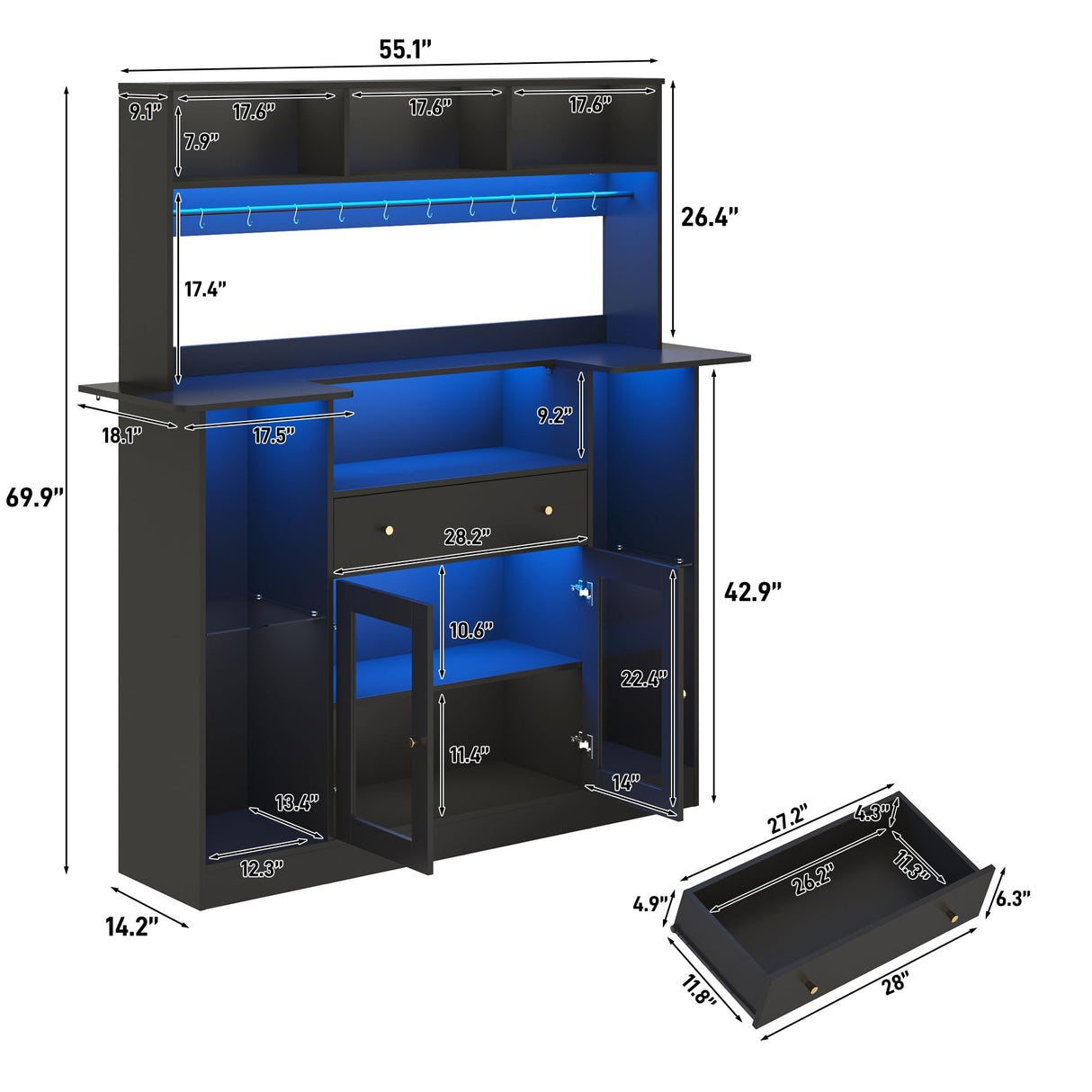 Black Coffee Bar Cabinet with Hutch & LED Lights, 70" Tall Buffet Buffet Cabinet with Storage,Modern Kitchen Sideboard Glass Doors Tall Coffee Hutch with Microwave Stand Glass Shelf Dining Room chartustriable