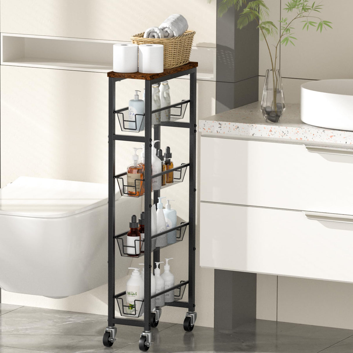 Honest Slim Storage Cart 4-Tier Slim Rolling Cart with Metal Frame and Wooden Top, 6.3 Inches, Storage Cart for Kitchen, Dining Room, Living Room, Bathroom, Home Office, Rustic Brown and Black HONEST OUTFITTERS