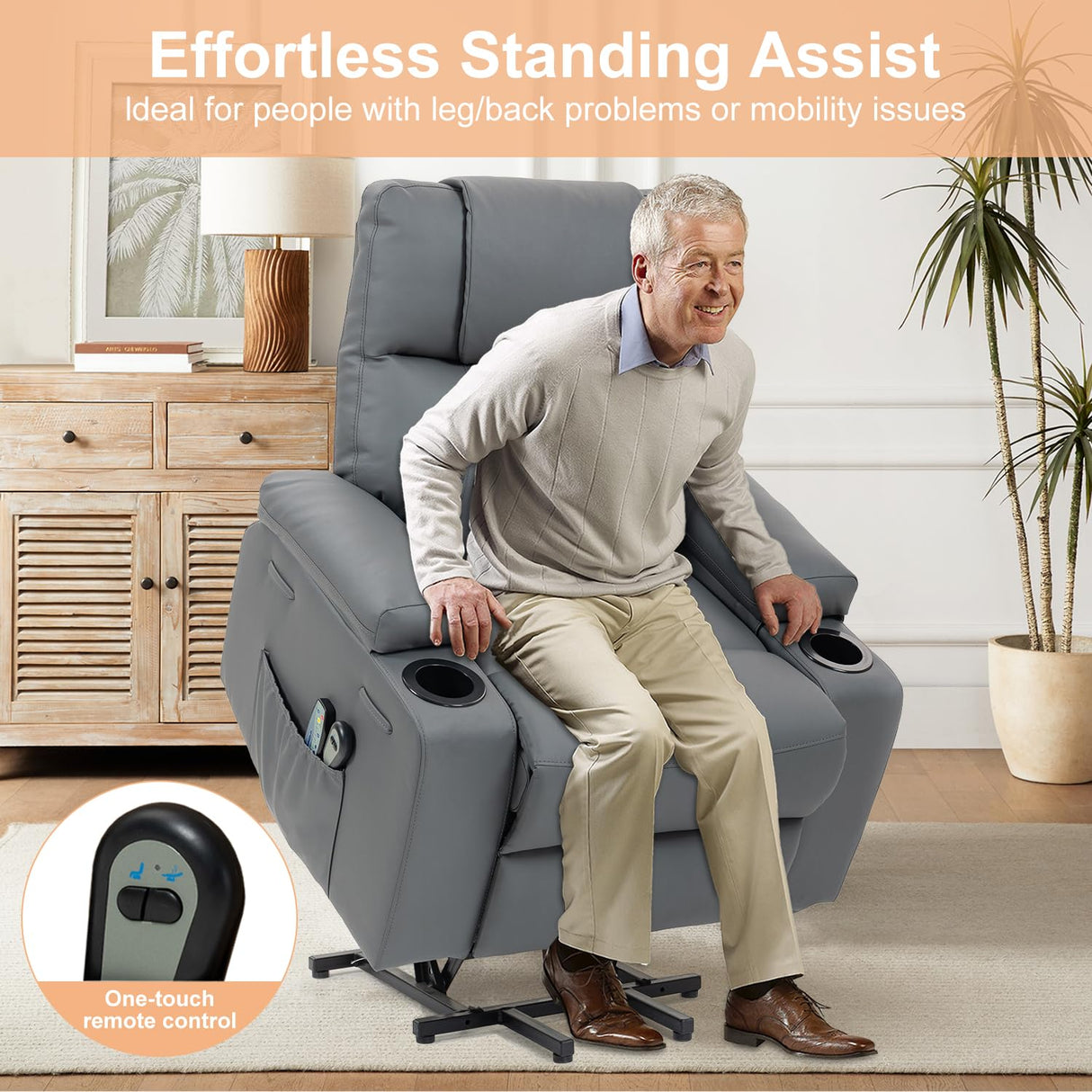 Power Lift Recliner Chair for Elderly, Electric Stand Assist Reclining Chair with Massage and Heat Function, Leather Living Room Furniture, Comfy Single Sofa with Cup Holders, Side Pockets, Gray BRTHORY