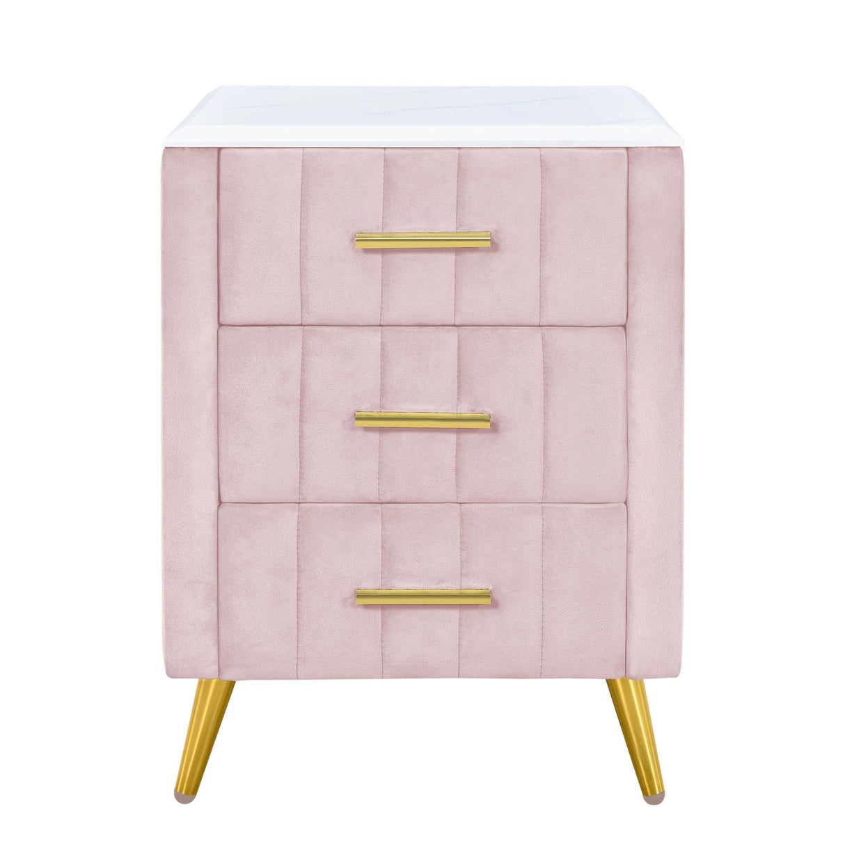 SOFTSEA Upholstered Nightstand with Faux Marbling Top, Modern Velvet Bedside Table with 3 Drawers, Velvet End Table with Golden Legs for Bedroom, Living Room (Pink) SOFTSEA