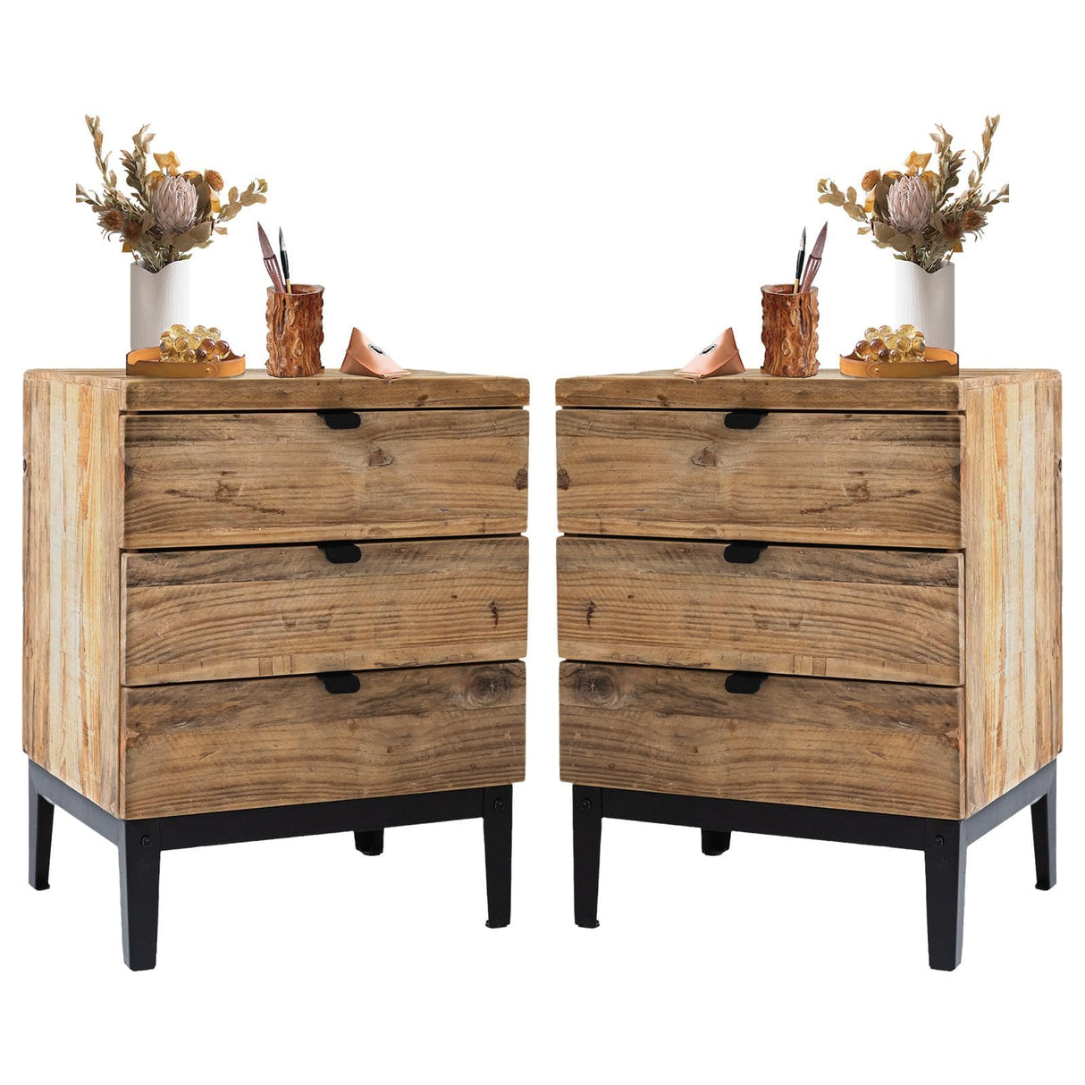 Wnutrees Farmhouse Nightstand Solid Wood Bedside Table with 3-Drawers Bedside End Tables Storage for Living Room, Hallway, Handmade Distressed, Natural, Set of 2 Wnutrees