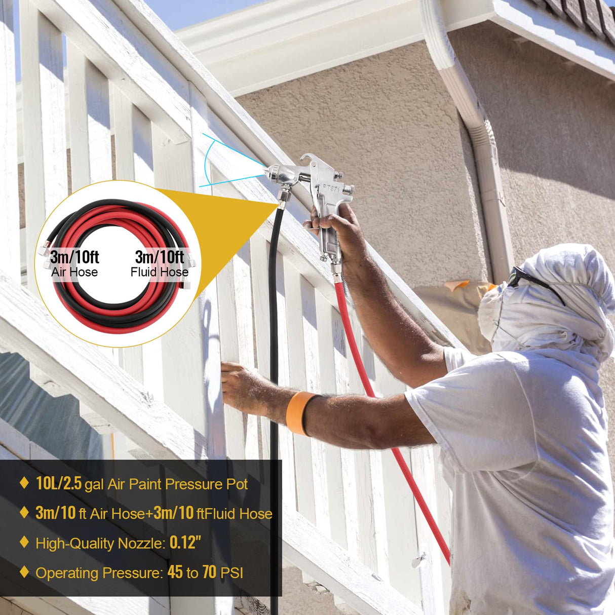 Paint Sprayer for Home Interior,10L Air Paint Pressure Pot Tank with Spray Gun Inner Pot Regulator Heavy Duty Hose for House Painting Cabinets Walls Cars Architecture Construction Automotive,70PSI Max YESMRO