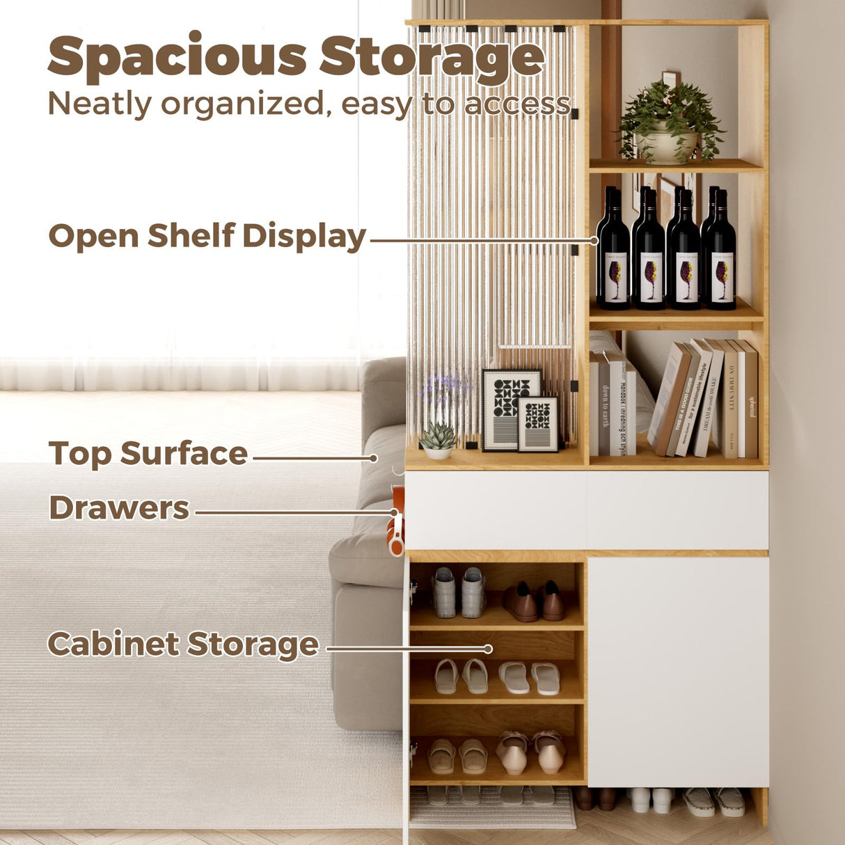 Freestanding Room Divider Cabinet with Storage, Glass & Wooden Book Shelf, Adjustable Shelves Shoe Storage Organizer for Entryway, Living Room, Dining Room, Partition Screen Privacy Wall Divider Kikihouse