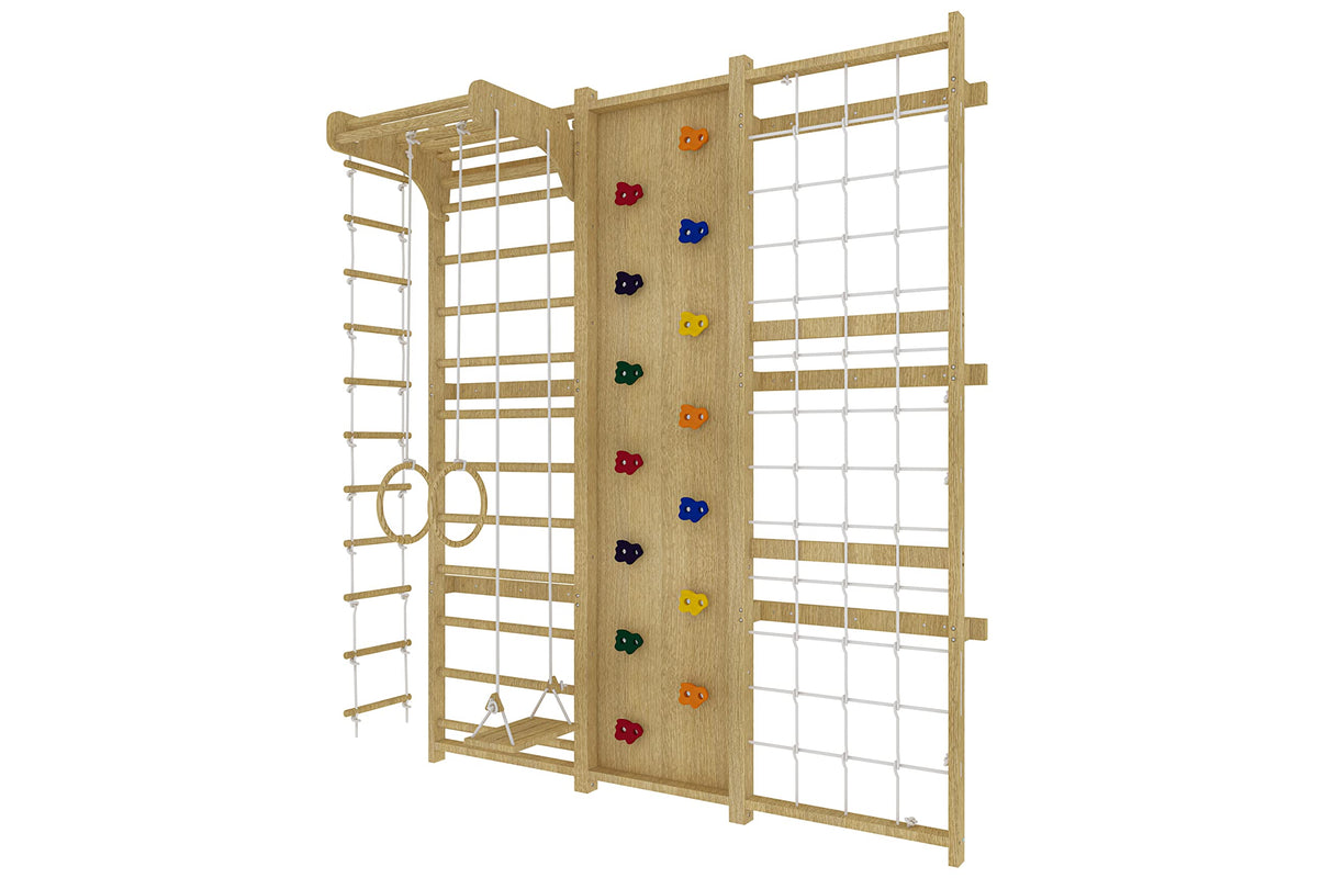 Avenlur Walnut 9-in-1 Swedish Ladder Wall Gym Set - 94.5 Inches - Trapeze Swing, Rope Ladder, Rock Wall, Rope Wall, Rock Ramp Climber, Slide, Pull-up Bar, Ladder and Swing Avenlur