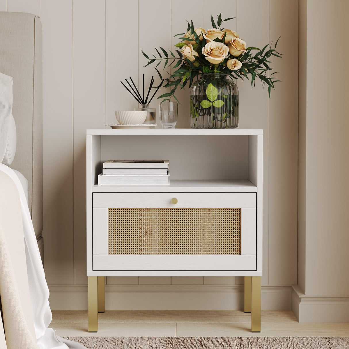 Natural Rattan Nightstands Set of 2, Accent End Table, Boho Bedside Table with 1 Hand Made Decorated Door for Living Room, Bedroom, White Angel Sar