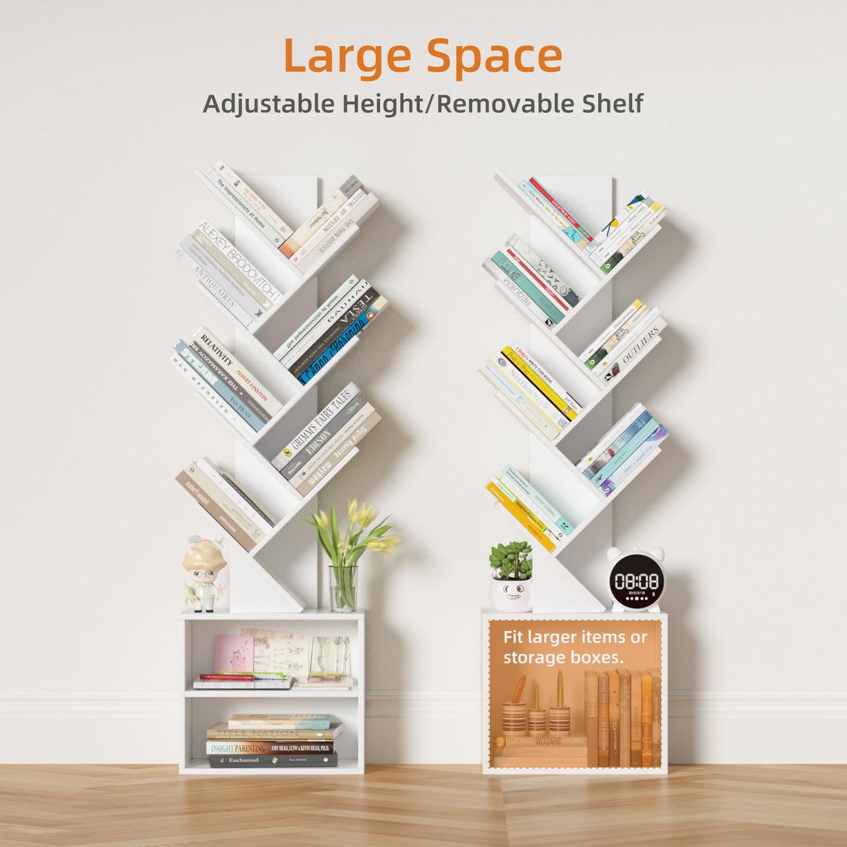 SHEEPAM 10 Tier Tree Bookshelf,Floor Standing Wood Tall Bookcase for Narrow Space, Storage Organizer Bookshelves for Books, Book Case for CDs/Movies/Books,Home Office,Living Room, Bedroom SHEEPAM