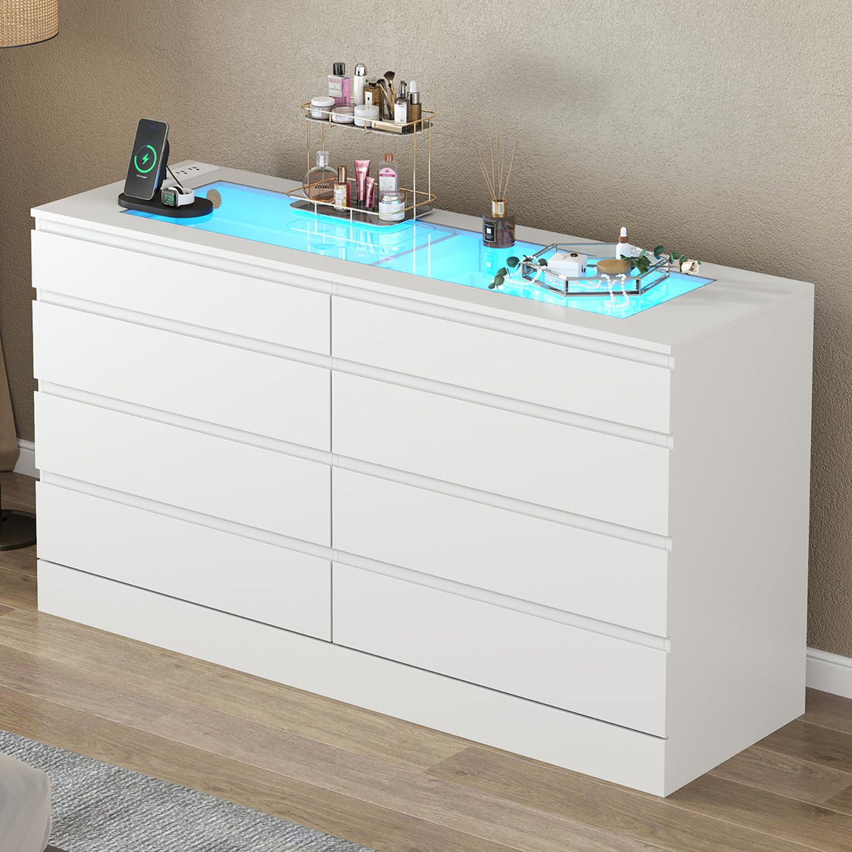 Gyfimoie 8 Drawer Dresser with Power Outlet, White Dresser for Bedroom Chest of Drawer with Glass Top & LED Light, Modern Double Wide Drawer Organizer Cabinet for Living Room (White) Gyfimoie