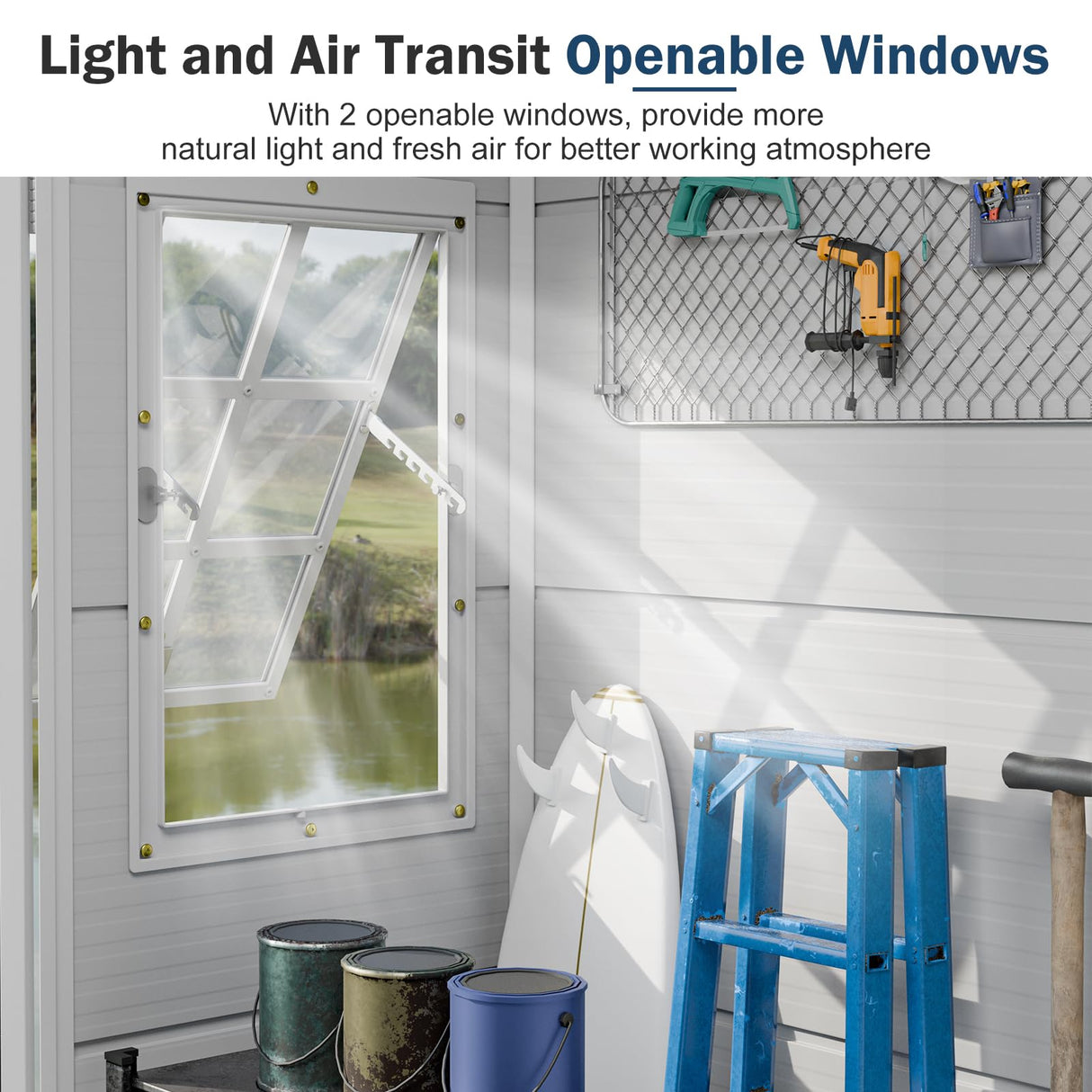 8x6 FT Resin Storage Sheds with Floor and Adjustable Openable Windows, Large Waterproof Garden Sheds with Base, Outside Plastic Sheds with 2 Windows for Backyard Garden Patio Lawn Tools Storage, Gray WELYAS