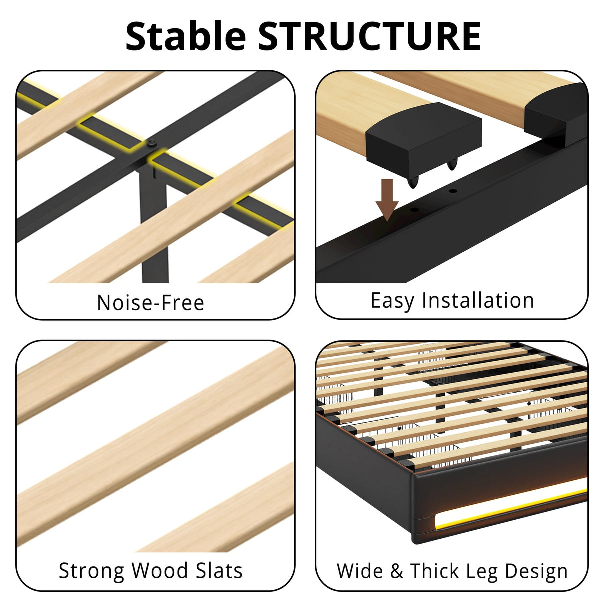 LIKIMIO Black PU Leather Full Size Bed Frame with LED Lights and 4 Storage Drawers LIKIMIO