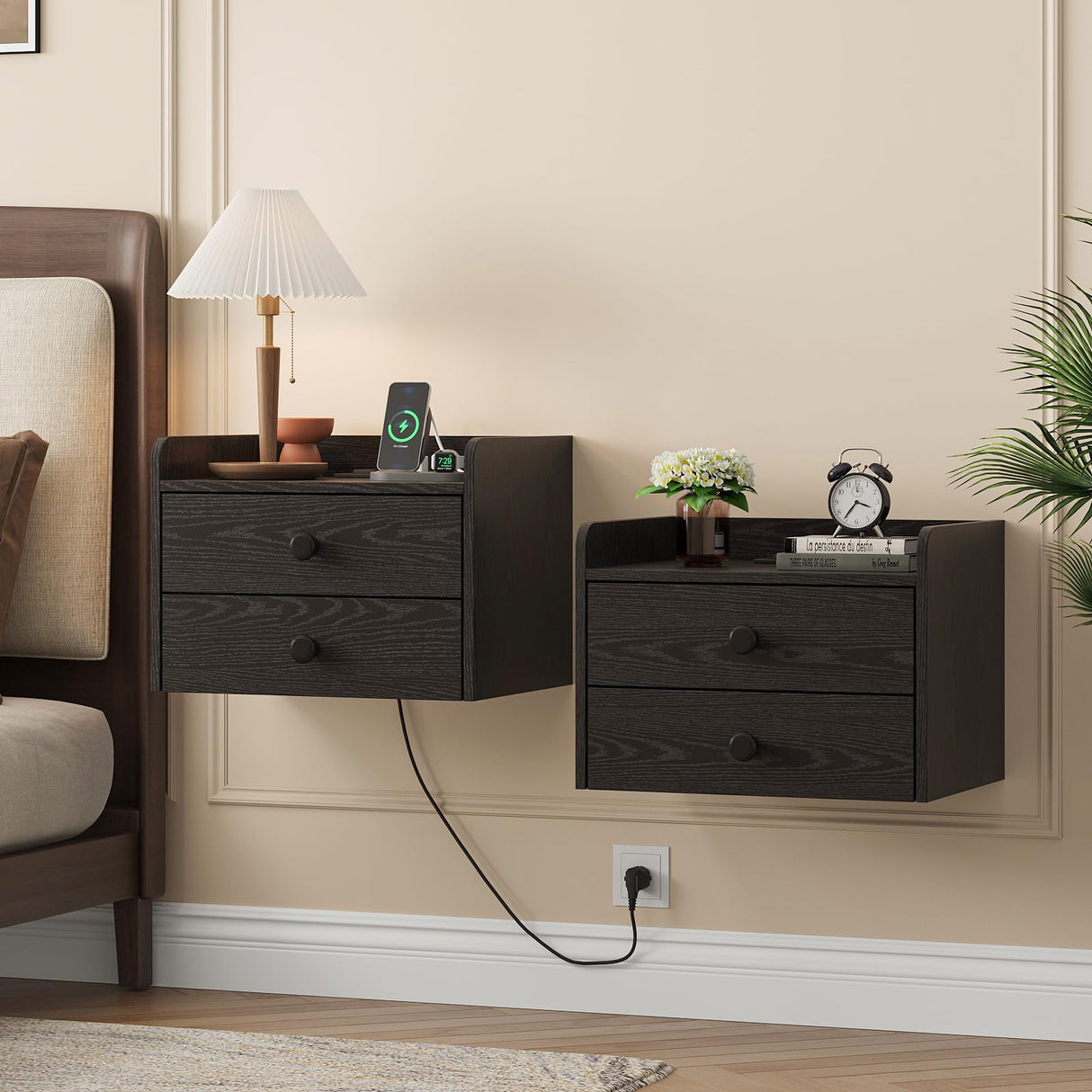 Vabches Floating Nightstand Set of 2 with 2 Storage Drawers and Charging Station Wood Wall Mounted Bedside End Table Modern Night Stands Set 2 for Bedroom,Living Room,Home Office,Small Space,Black Vabches