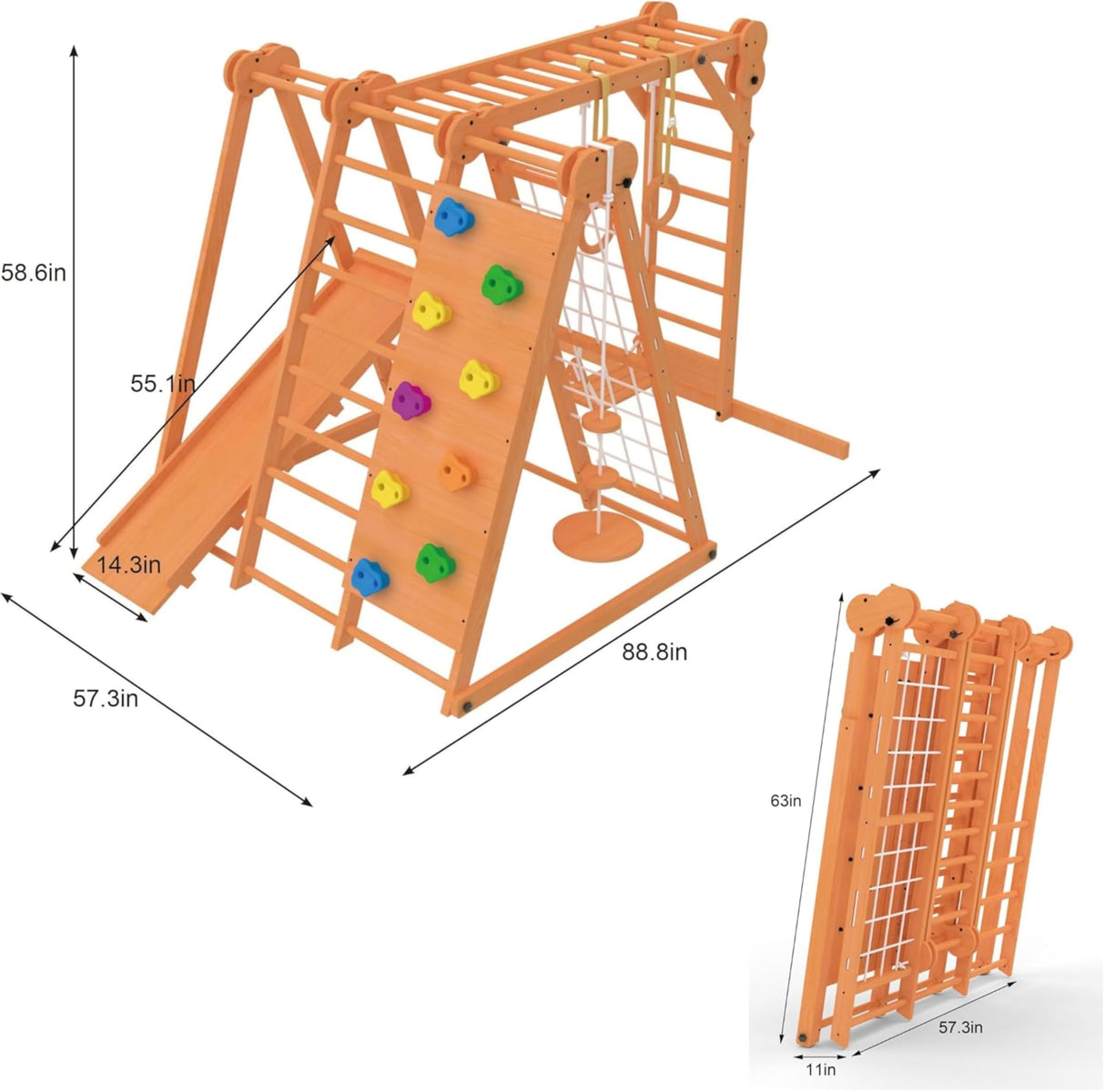 Avenlur 8-in-1 Small Indoor/Outdoor Playset – Foldable Wooden Kids Play Set for Backyard – Kid Playground for Toddlers Age 2–6 with Slide, Monkey Bars, 2 Ladders, 2 Swings, Rock Climbing, Gym Rings Avenlur