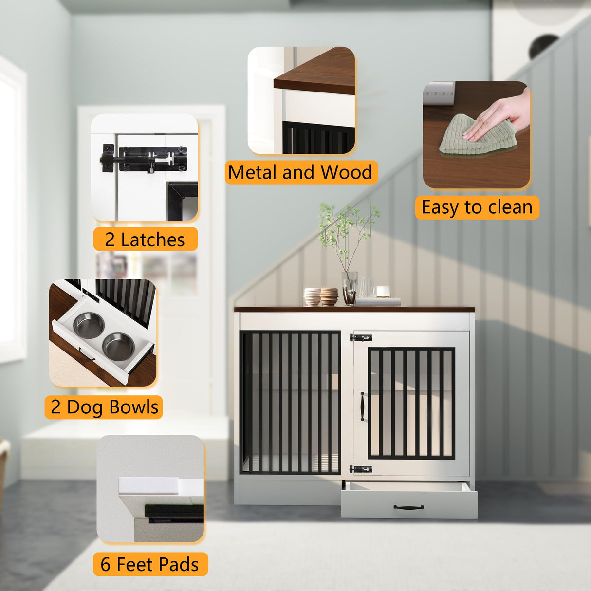 yookare White Heavy Duty Furniture Dog Crate, Wood and Metal Kennel Cage, Pet House End Table with Drawer and Pull-Out Design, Dog Home for Indoor use, Large Size yookare