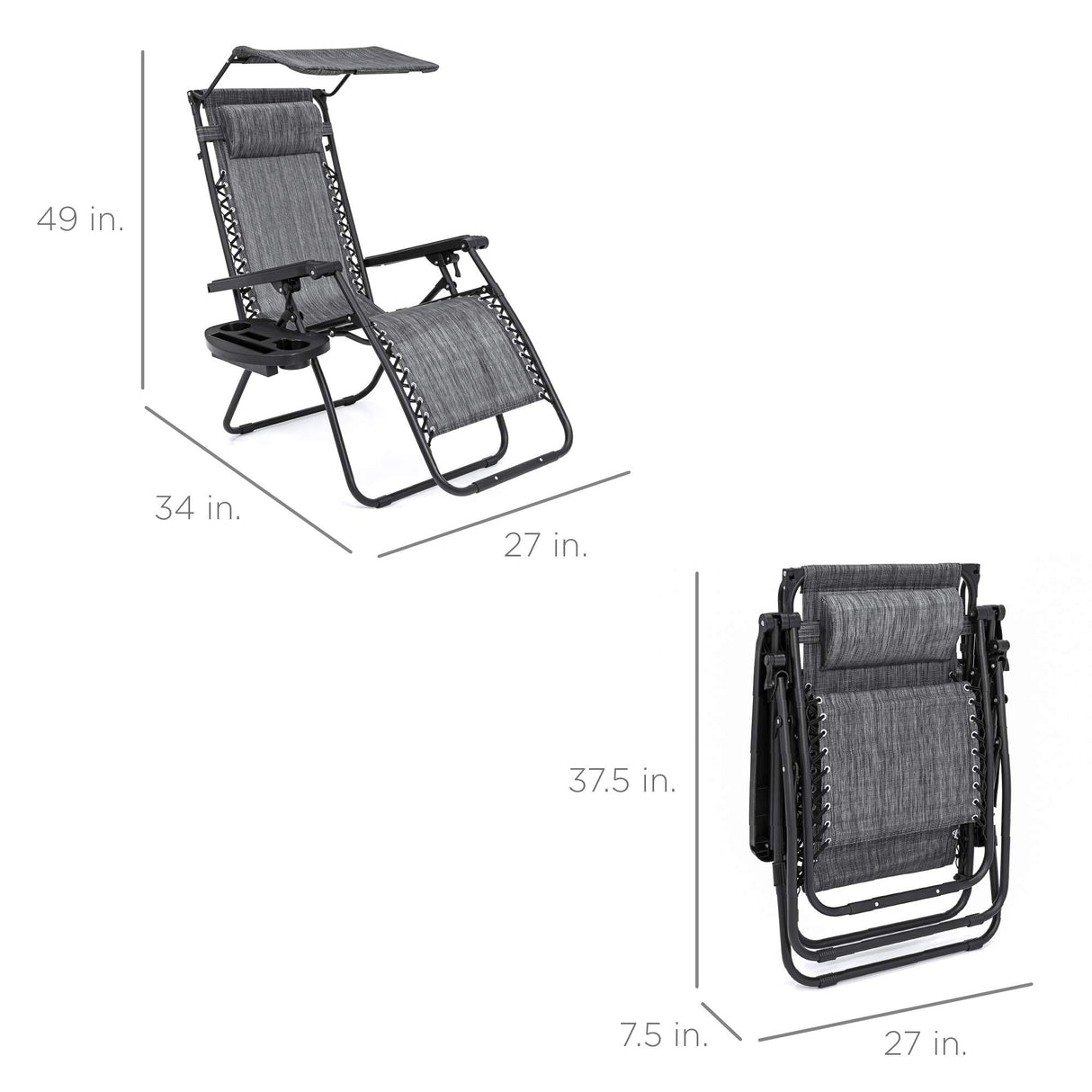 Best Choice Products Folding Zero Gravity Outdoor Recliner Patio Lounge Chair w/Adjustable Canopy Shade, Headrest, Side Accessory Tray, Textilene Mesh - Gray Best Choice Products