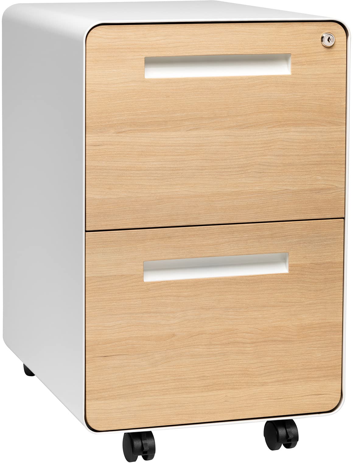 Laura Davidson Furniture Stockpile 2 Drawer Mobile File Cabinet with Lock - Under Desk Metal Filing Cabinet, Legal/Letter File Folders, Wheels and Stationary Feet, Pre-Assembled, White/Wood Laura Davidson Furniture