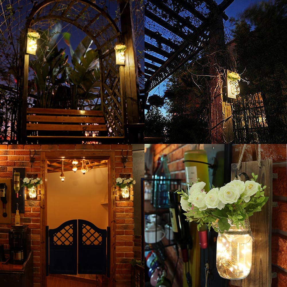 AerWo 2Pcs Mason Jar Sconces Wall Decor, Handmade Rustic Sunflower Wall Decor with LED Fairy Lights and Flowers, Hanging Mason Jar for Farmhouse Kitchen Decorations Living Room Lights AerWo