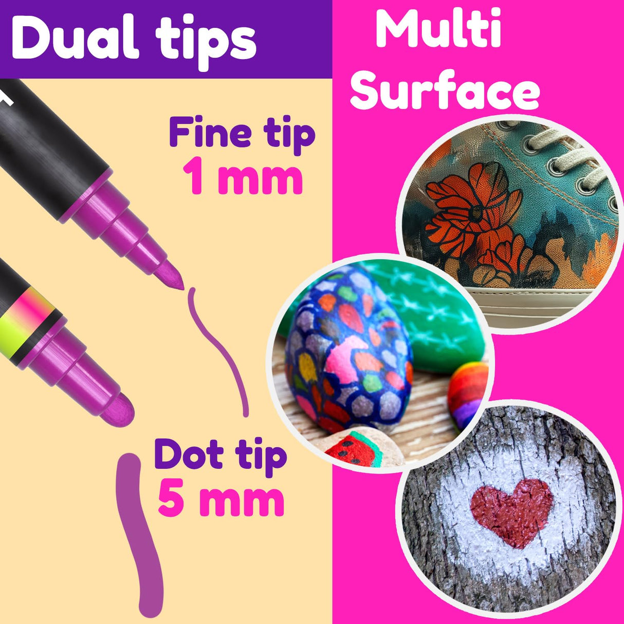 Acrylic Paint Markers Dual Tip (12 Pack) - Acrylic Markers Paint Pens for Rocks - Bold Acrylic Paint Pens Fine Tip and Dot Tip - Fabric Makers Permanent for Clothes Water Based Markers - Chalky Crown CHALKY CROWN