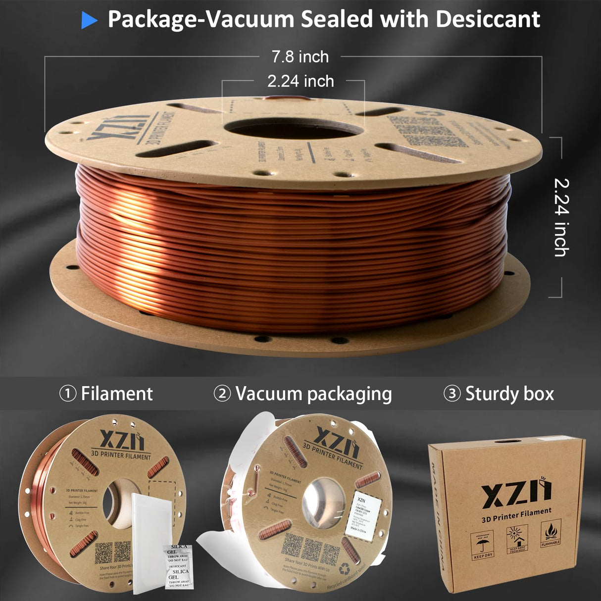 XZN Silk PLA Filament 1.75mm, Clog-Free, Metal-Like Shiny 3D Printer Filament 1kg Spool (2.2lbs), Neatly Wound, +/- 0.02mm Precision, Vacuum Packaging, Fit Most FDM Printer, Metallic Copper XZN