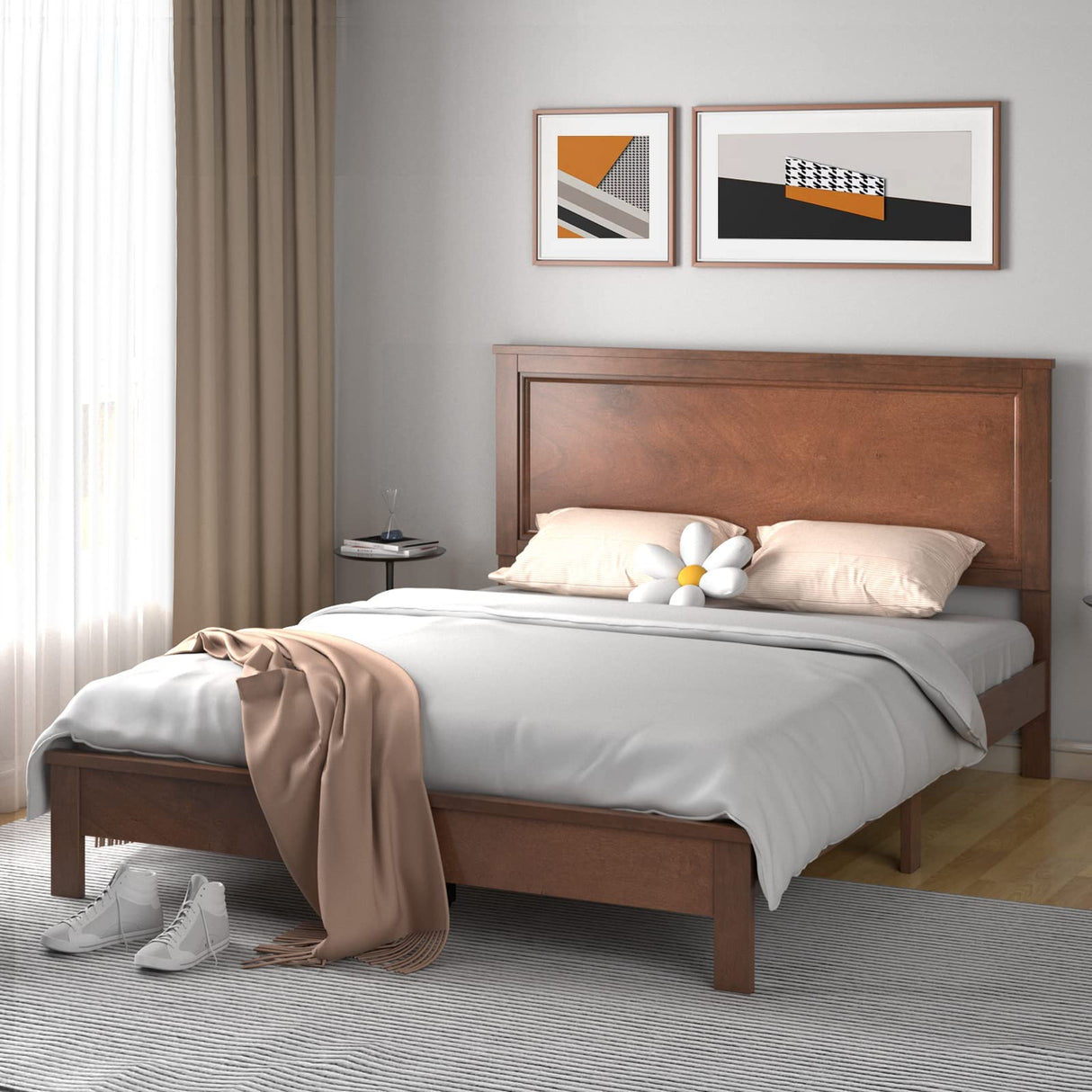 KOMFOTT Mid Century Queen Bed Frame with Headboard – Solid Wood Slats & Easy Assembly KOMFOTT